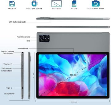 Veidoo 2K Vollbildauflösung Tablet (10,4", 128 GB, Android 12, 2,4G+5G, Octa-Core Prozessor, 2000x1200 2K Full View Display, mit Ledertasche)