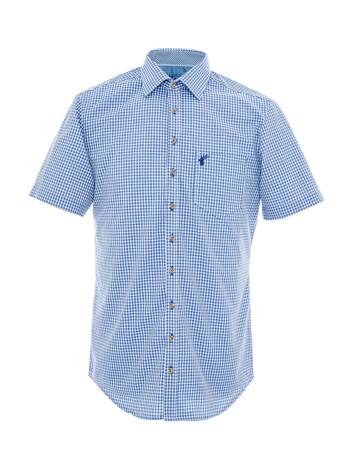 Karo Fit) (Slim IMMENSTADT Kurzarmhemd Trachtenhemd OS-Trachten blau