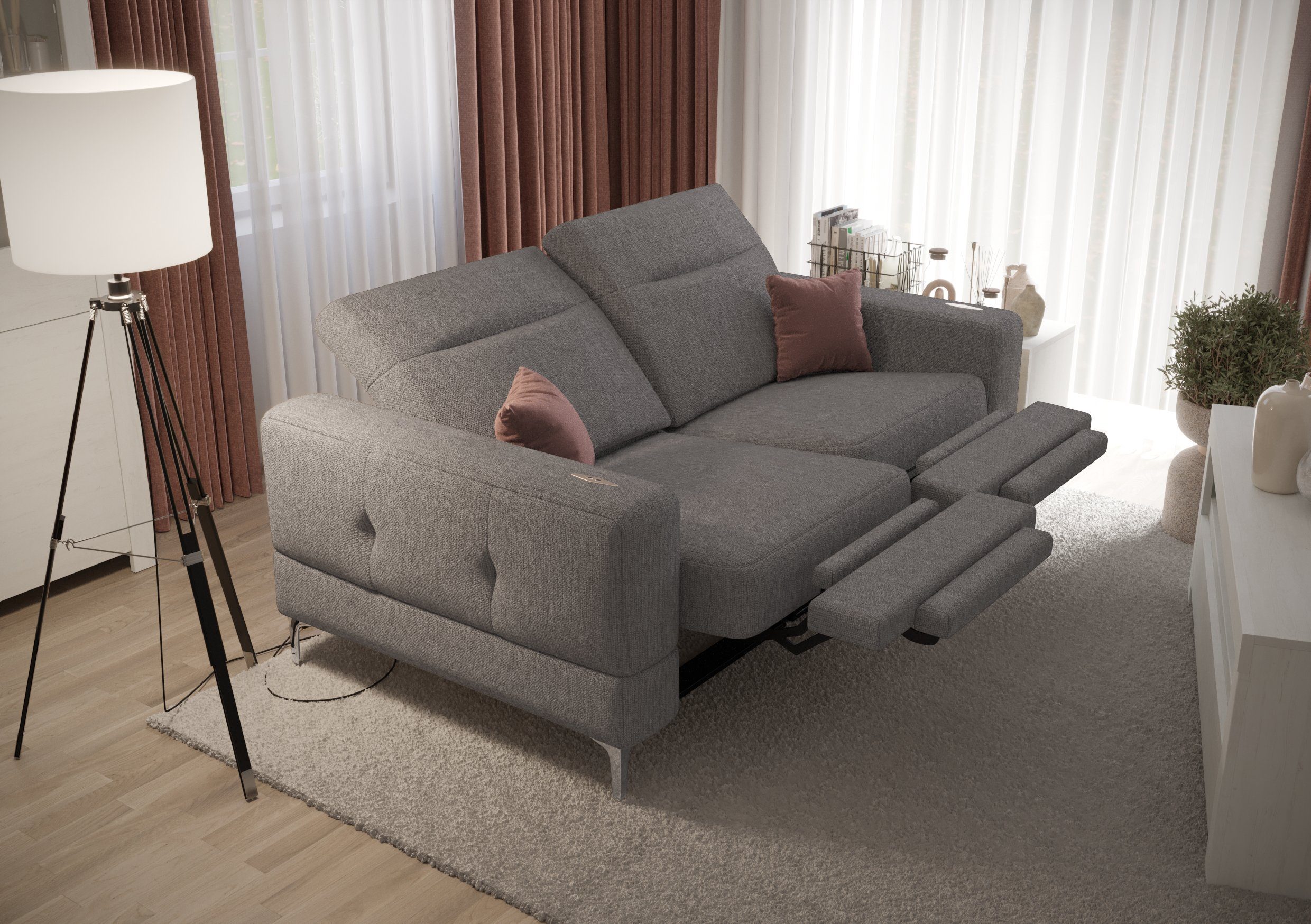 Möbel für Dich Sofa mit grau Webstoff Stoff-und 85 Sofa Relaxfunktion, Malibu mit elektrischer Relax, Gemma Farbauswahl 2 Modernes