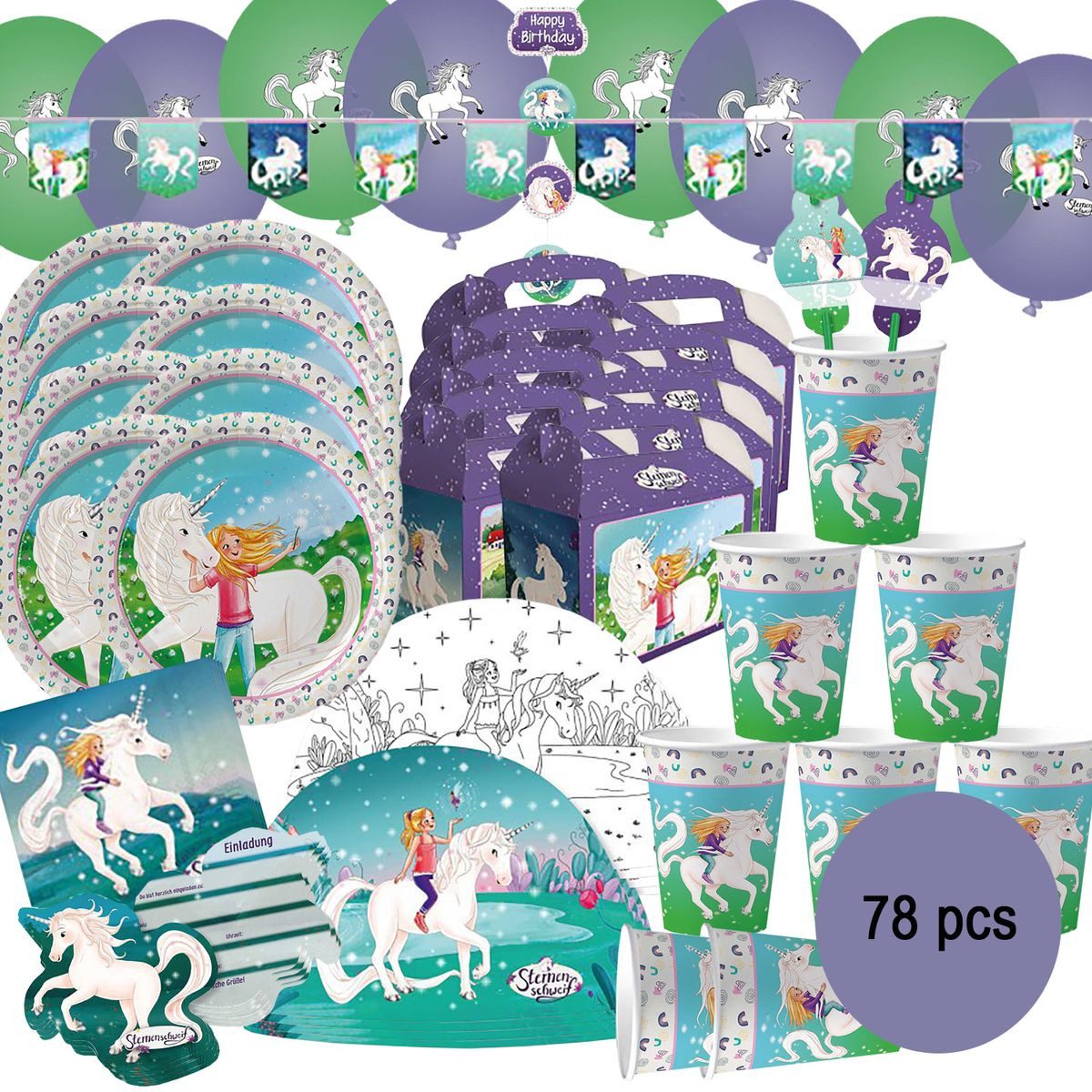 dh konzept Papierdekoration Sternenschweif Einhorn Party Set 78 Teile für Kinder