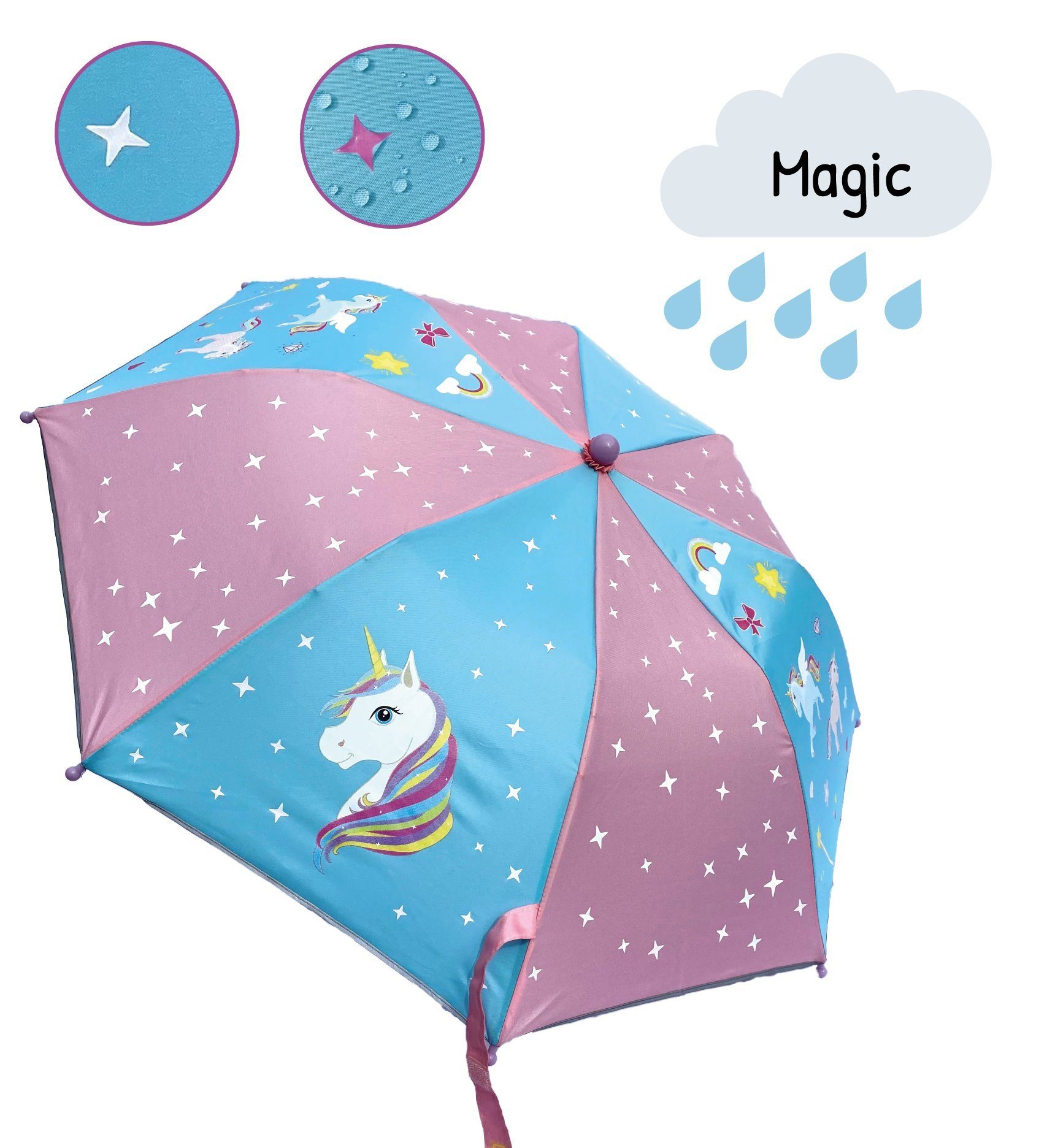 HECKBO Seiten Regenschirm Schulranzen Faltregenschirm: – Regen Farbe in Jungen Schutzkappen allen der die Reflektoren an – mit passt Reflektorstreifen bei Kinder Magic – jeden & an Holzgriff, Taschenregenschirm mit Seite – wechselt Schutzhülle,
