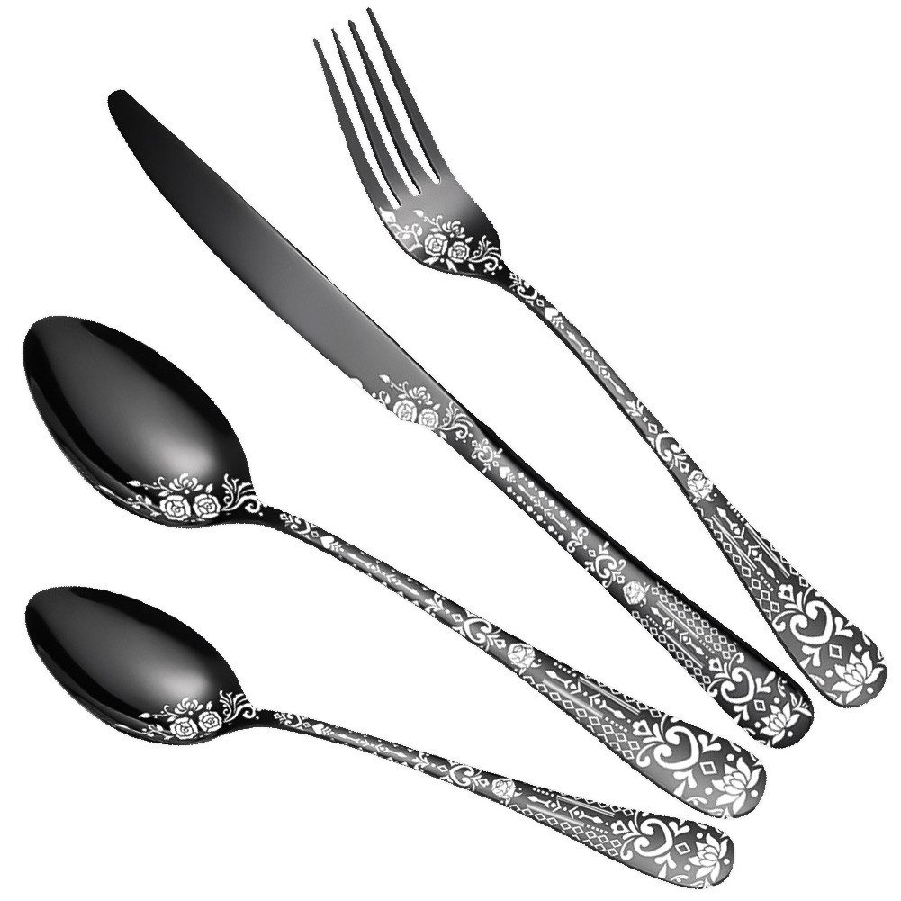 KingLux Besteck-Set 24Stk.Schwarz Besteck-Set für 6 Personen Edelstahl mit Blumenmuster (24-tlg), 6 Personen, Edelstahl