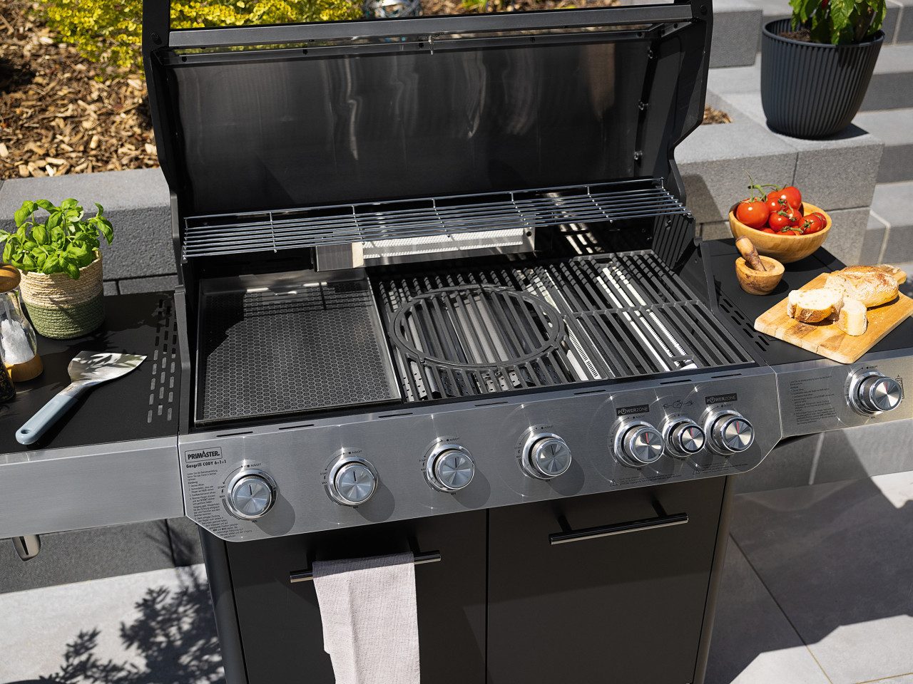 Primaster Gasgrill Primaster Gasgrill Cody Powerzone &, Deckelthermometer Heckbrenner mit Rollen Seitenbrenner