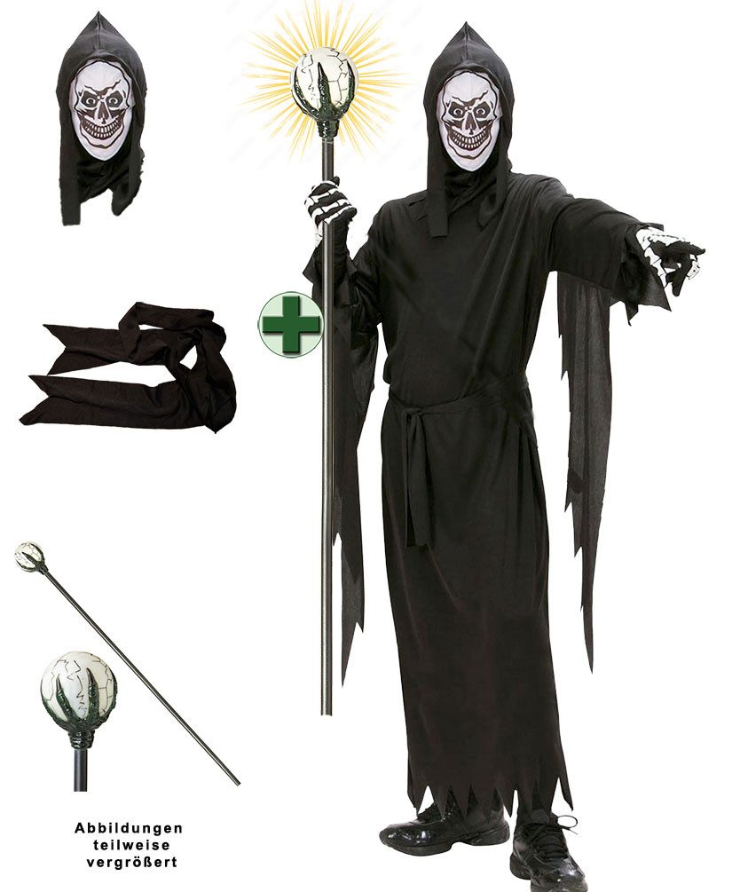 Karneval-Klamotten Zauberer-Kostüm Kinder Magier Hexenmeister Warlock Halloweenkostüm, Halloween Zauberer-Gewand schwarz mit weiße Maske Karneval Fasching