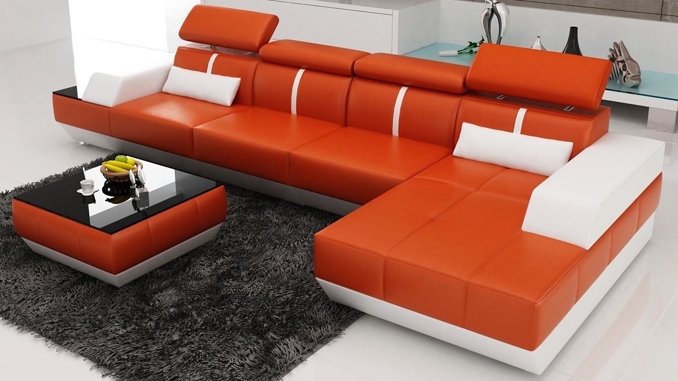 JVmoebel Ecksofa Moderne Sofa L Form Polster Hocker Couch Ecke Orange/Weiß Multifunktion Sitz 