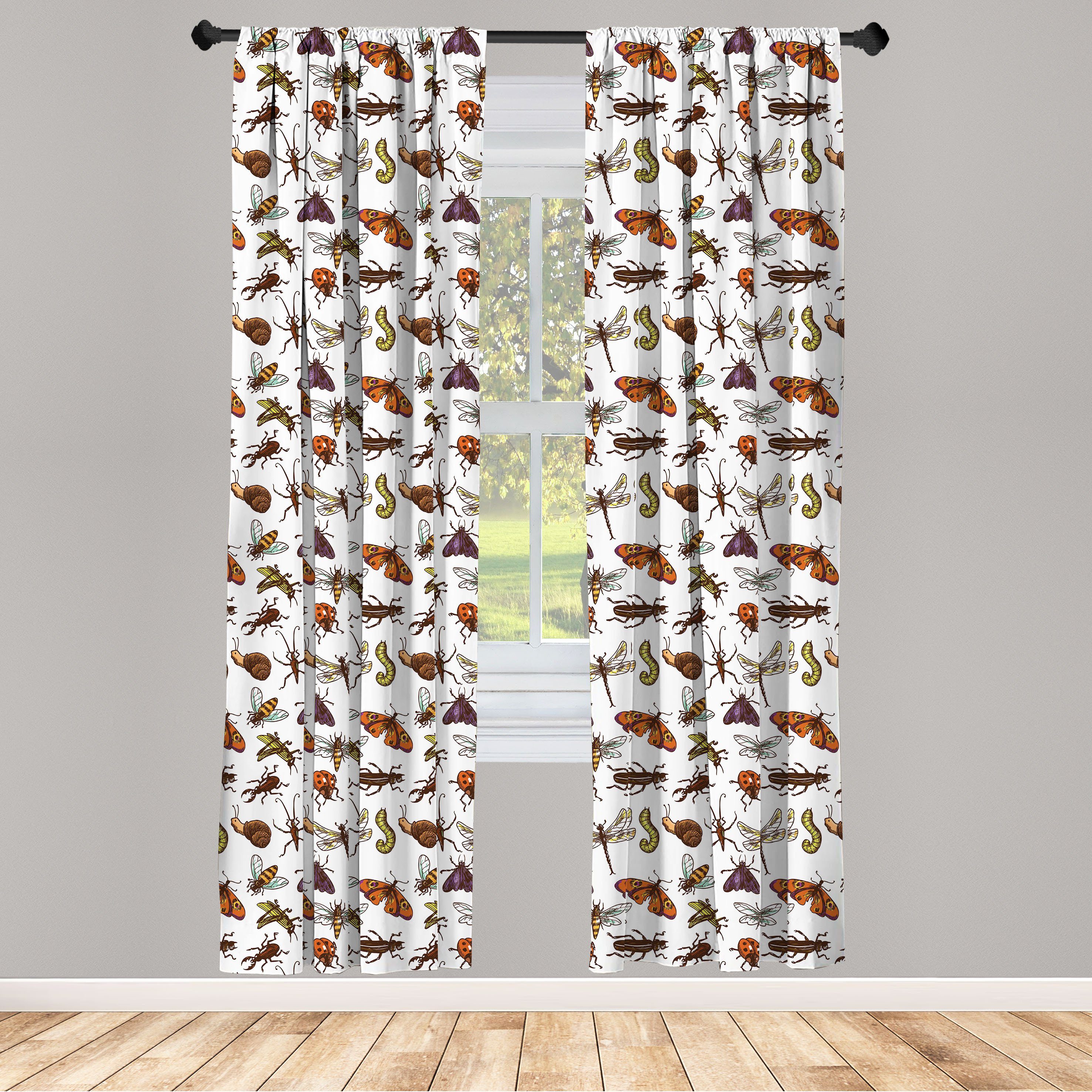 Gardine Vorhang für Wohnzimmer Schlafzimmer Bugs Heuschrecken-Marienkäfer-Schmetterling Dekor, Abakuhaus, Microfaser