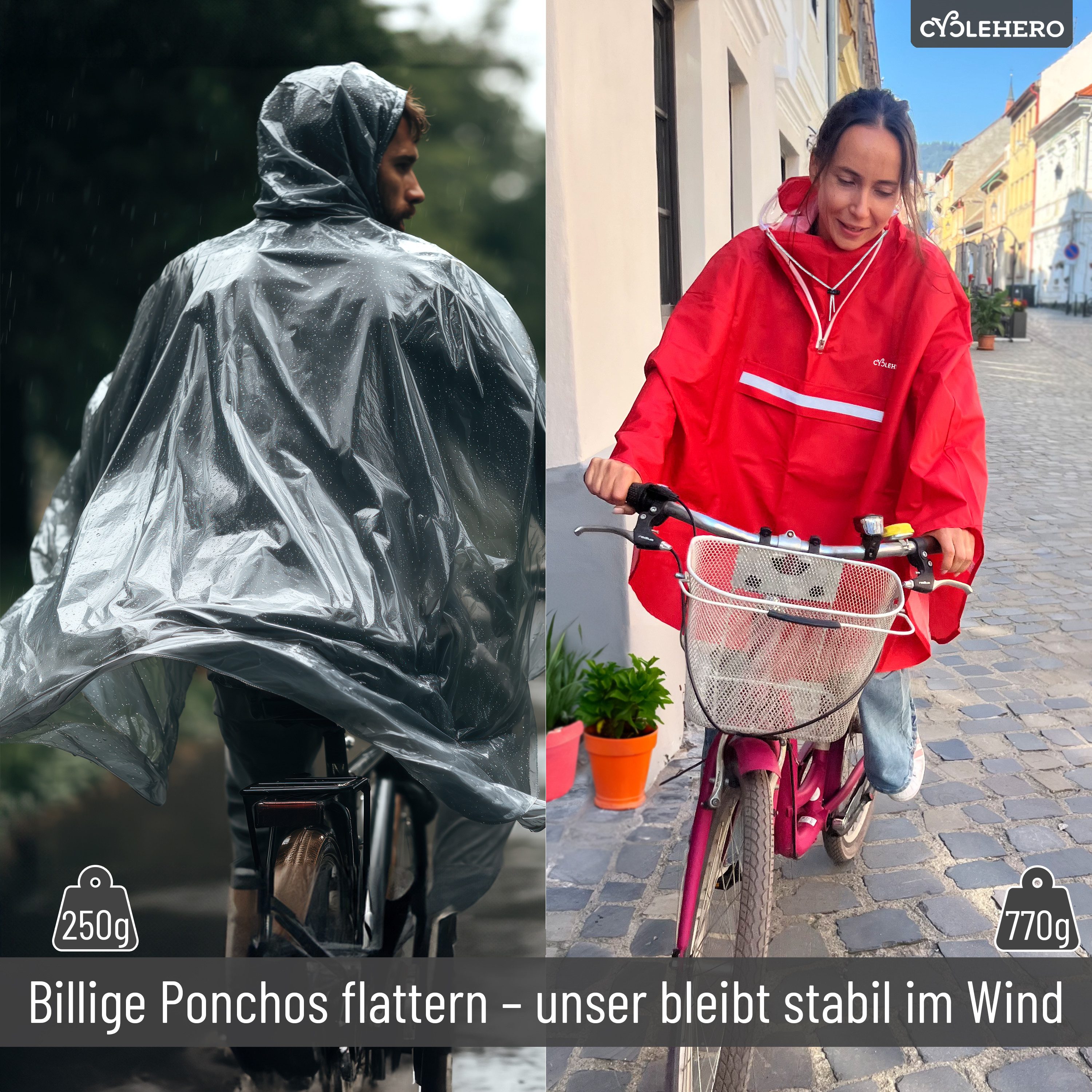 CYCLEHERO Regenponcho Fahrrad mit Reflektoren, wasserdicht, Rot, L, Unisex (Einzelartikel, 1-St., L) – Bild 4 von 5