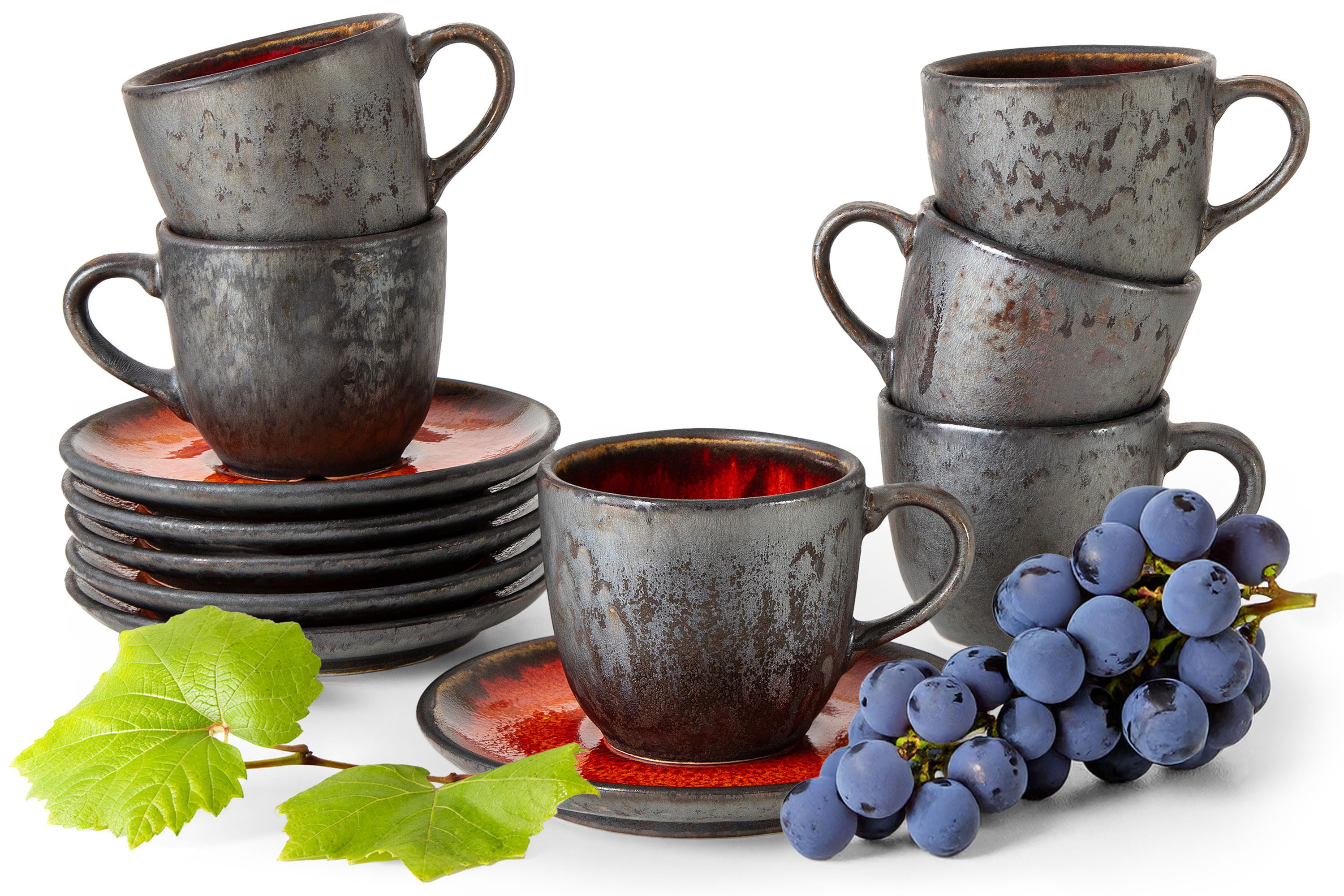 KONSIMO® Kaffeeservice PRIMA Kaffeetassen-Set 180 ml, handgefertigt, Premiumqualität aus EU (12-tlg), 6 Personen, Keramik, luxuriöse Qualitätskeramik, organische Form, rot