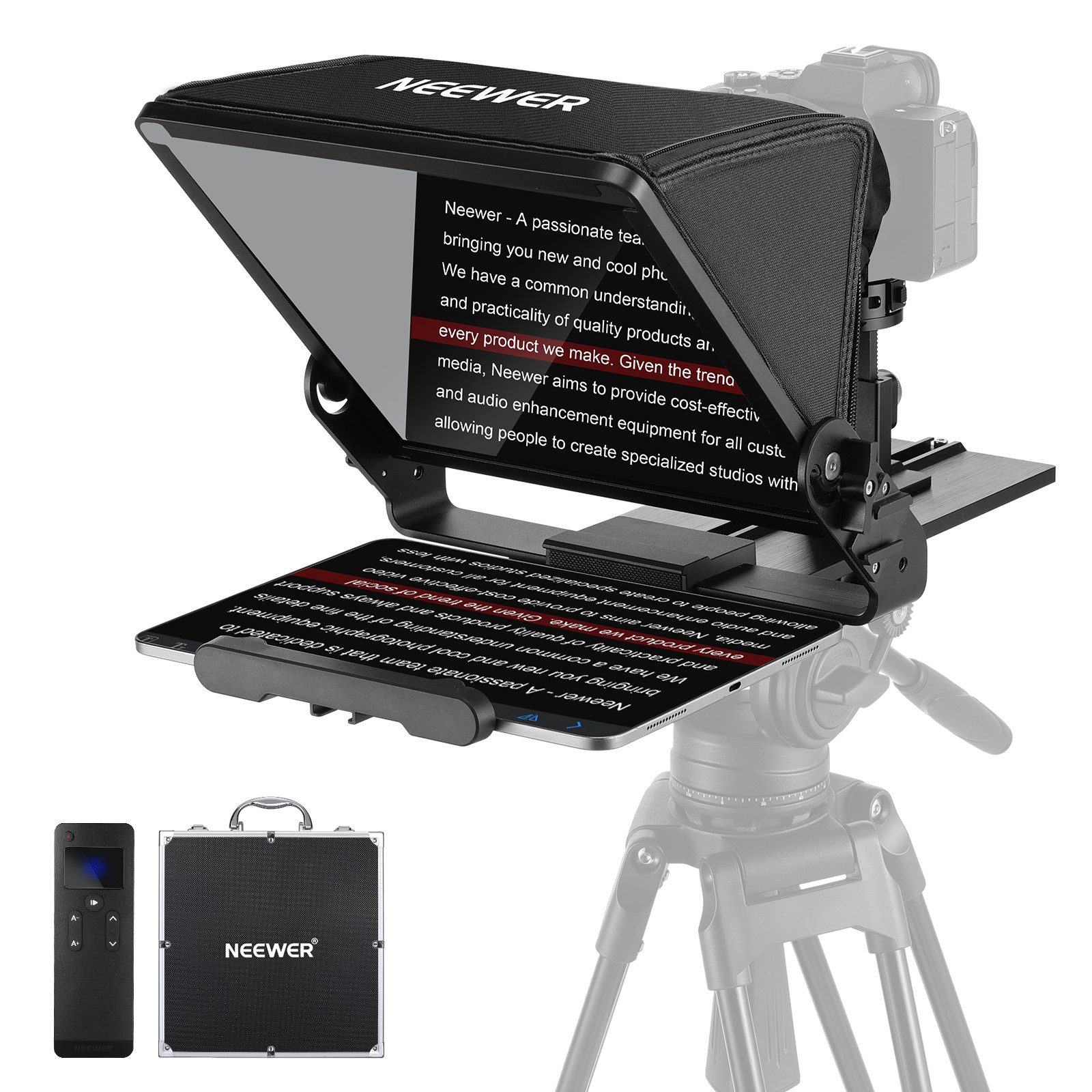 Neewer Kamerazubehör-Set X12II Teleprompter mit Kamera Halterung vom Typ Arca, Cold Shoes, (Packung), mit RT113 Fernbedienung, für die NEEWER Prompter App Online