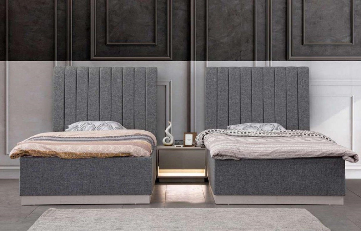 in Modern Grau Europe Nachttisch), 2x Betten Schlafzimmer Design, JVmoebel 2x + Nachttisch Made Set (3-St., Schlafzimmer-Set Betten