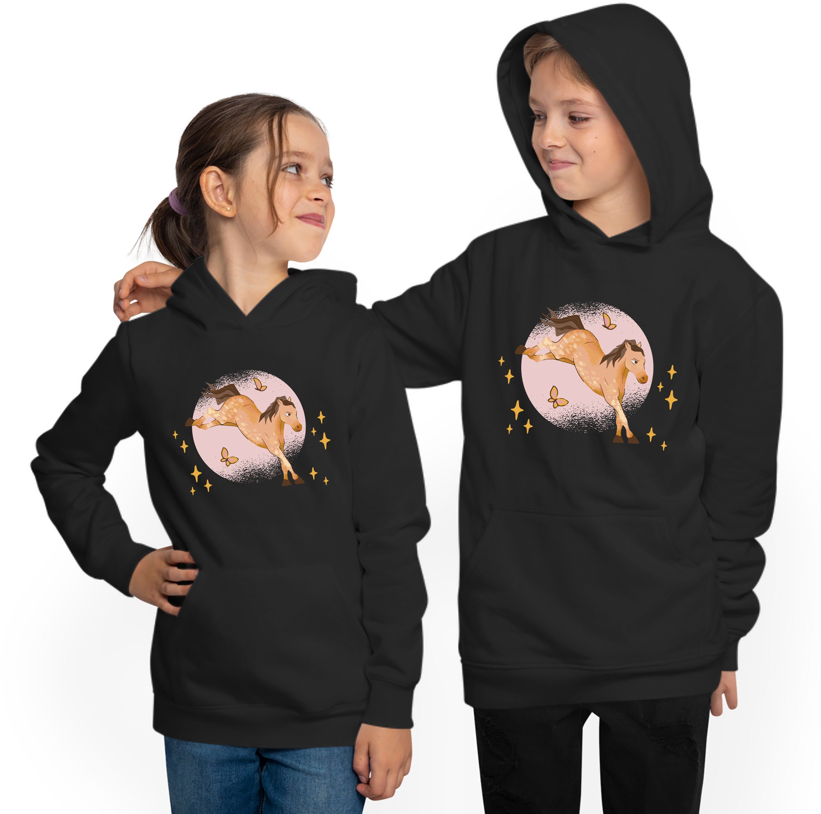 Hoodie & Pferde Kapuzensweater Sweatshirt Kinder Sternen Schmetterlingen mit Kapuzen i157 Aufdruck, Hoodie MyDesign24