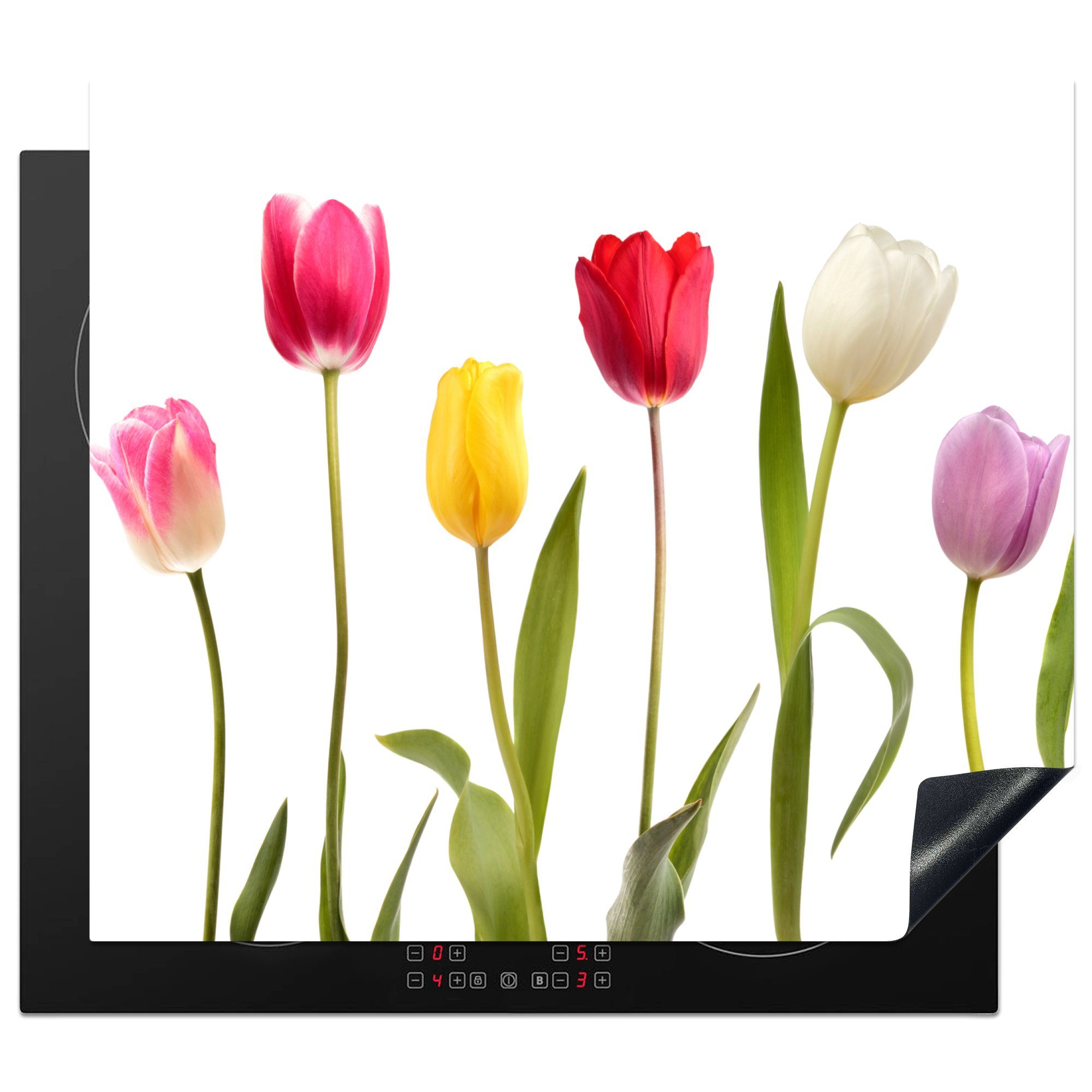 nutzbar, - Vinyl, Arbeitsfläche Blumen Weiß 60x52 - tlg), Herdblende-/Abdeckplatte cm, MuchoWow Ceranfeldabdeckung Mobile - (1 Stilleben, Tulpen