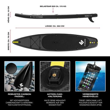 FitEngine Inflatable SUP-Board XXXL Stand up Paddle Board Set Race 11‘8“ 360cm, 170kg Race-Shape erhöhte Stabilität