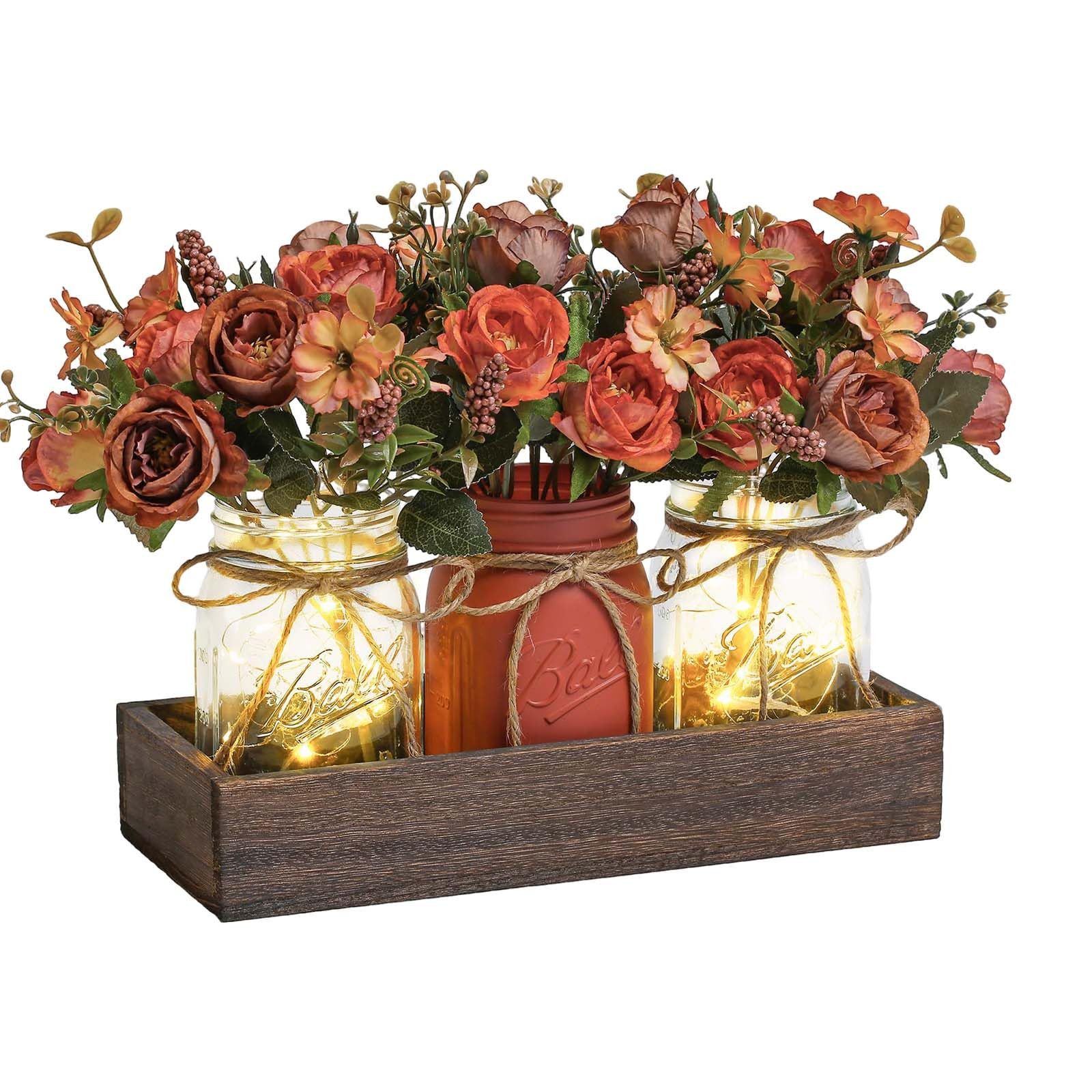 Kunstpflanze Holzkiste mit künstlichen Blumen Mason Jar, GarveeMore