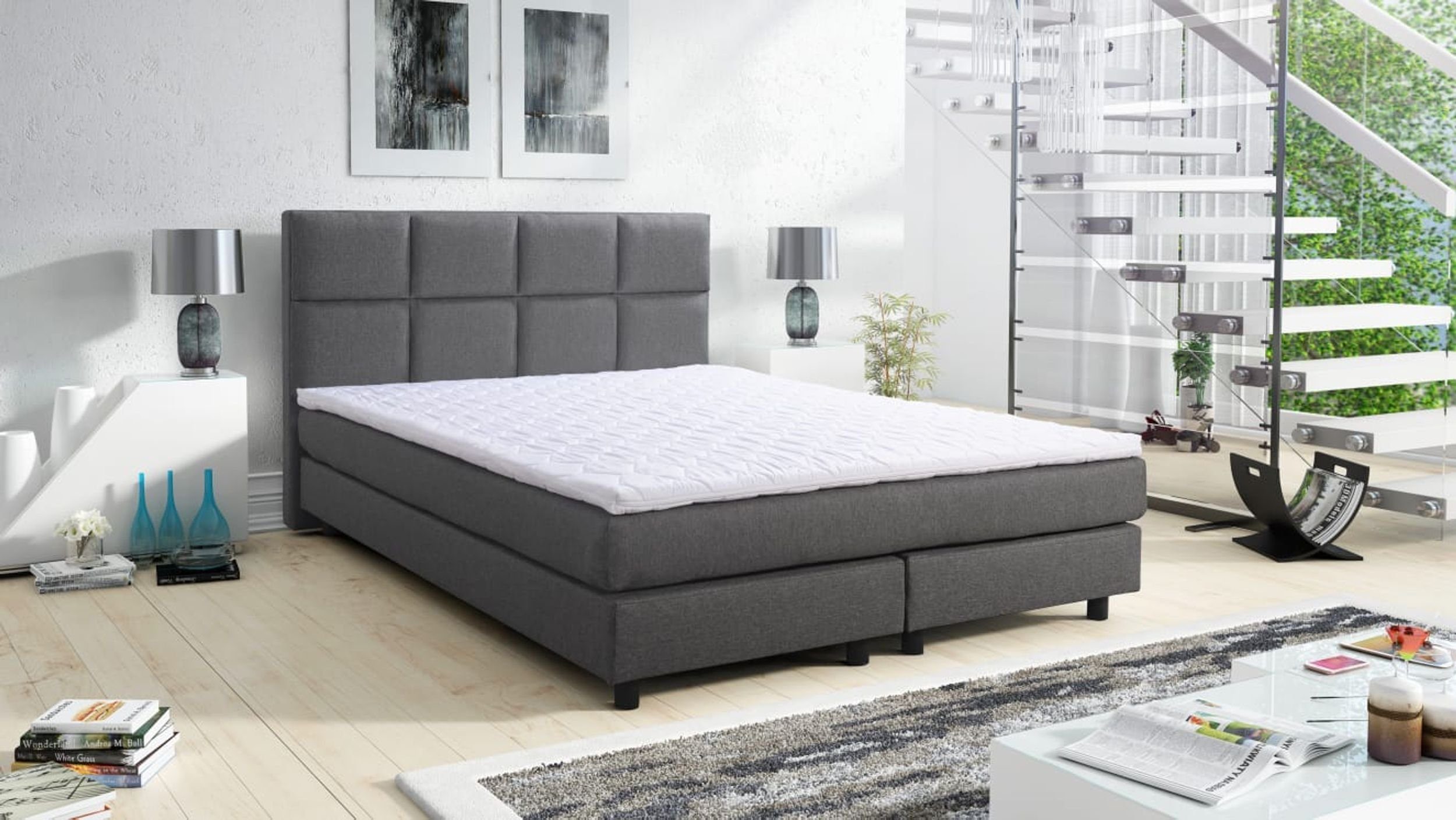 Küchen-Preisbombe Boxspringbett Glenn 2 Tablet Hotelbett Boxbett 140x200 Bett Topper Grau