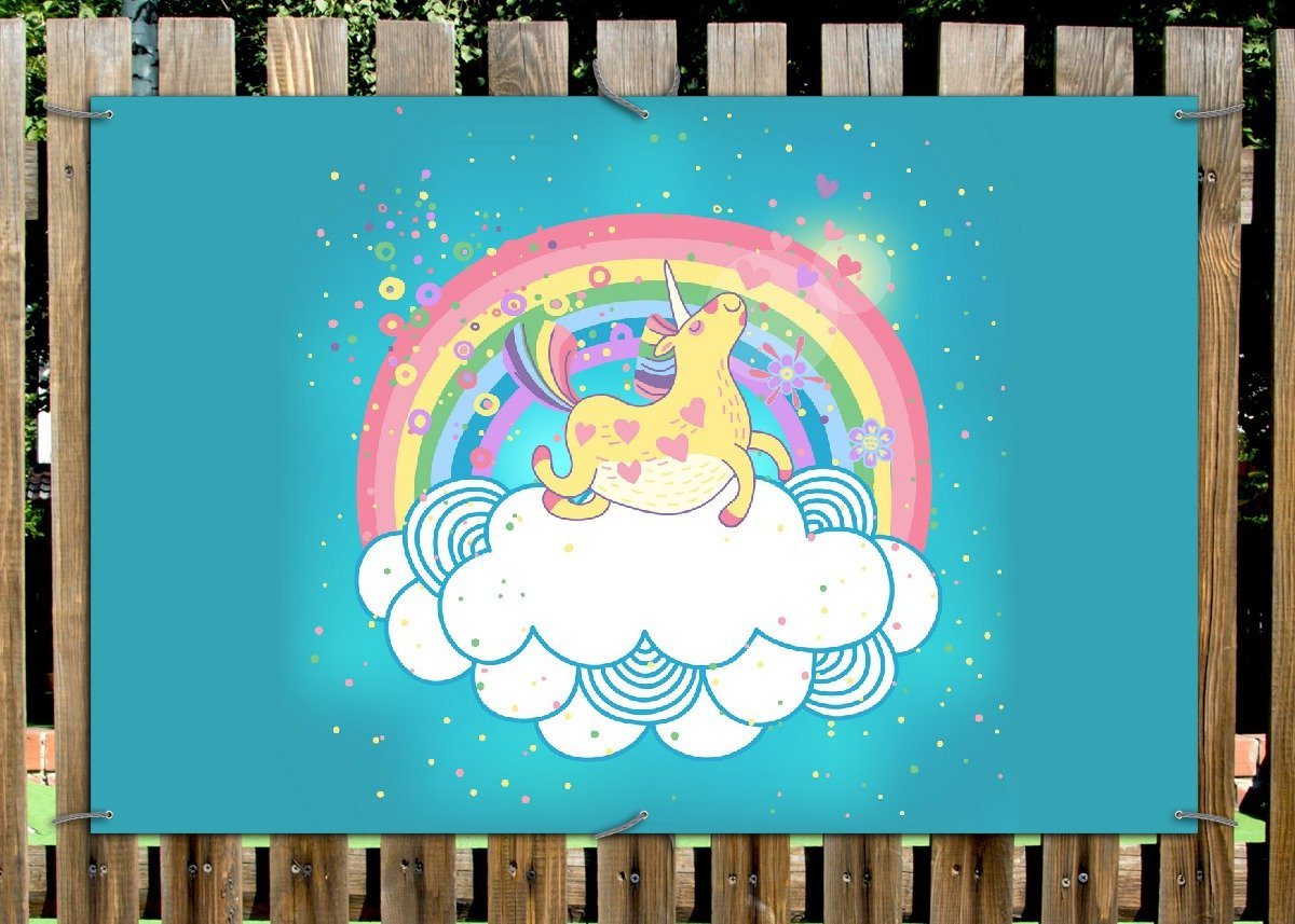 Thumbnail - Wallario Sichtschutzzaunmatten Lustiges Einhorn auf einer Wolke vor Regenbogen