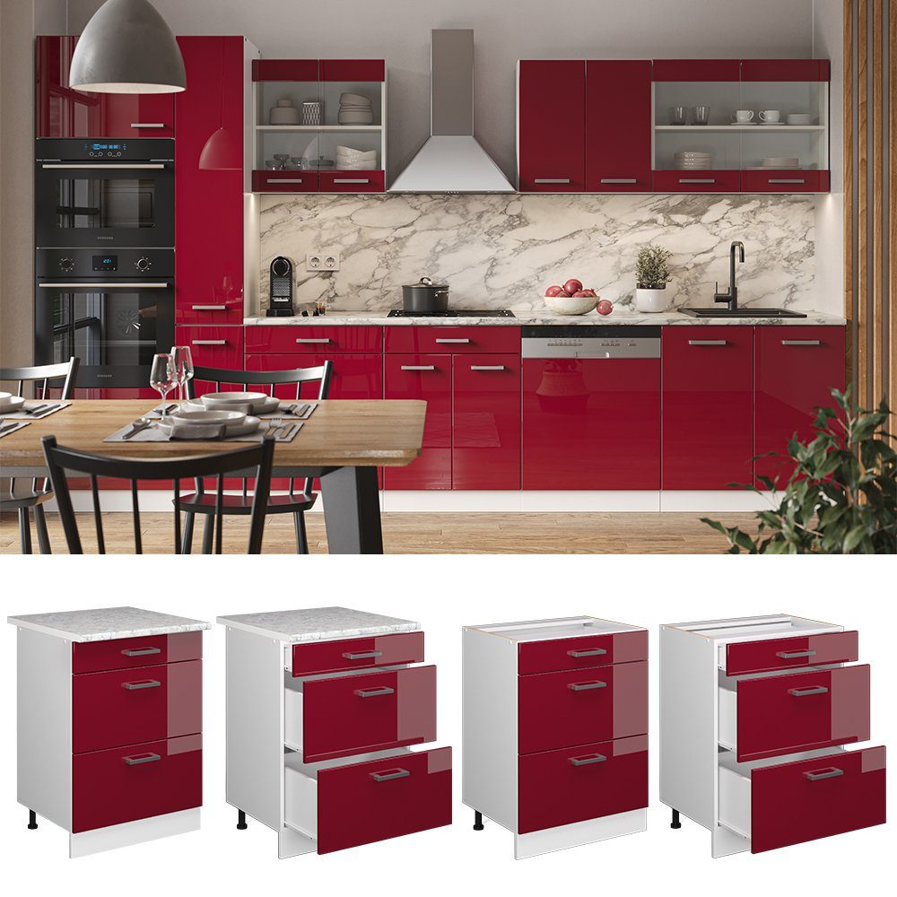 Vicco Unterschrank R-Line, Rot Hochglanz/Weiß, 60 cm mit Schubladen, ohne Arbeitsplatte (1-St)