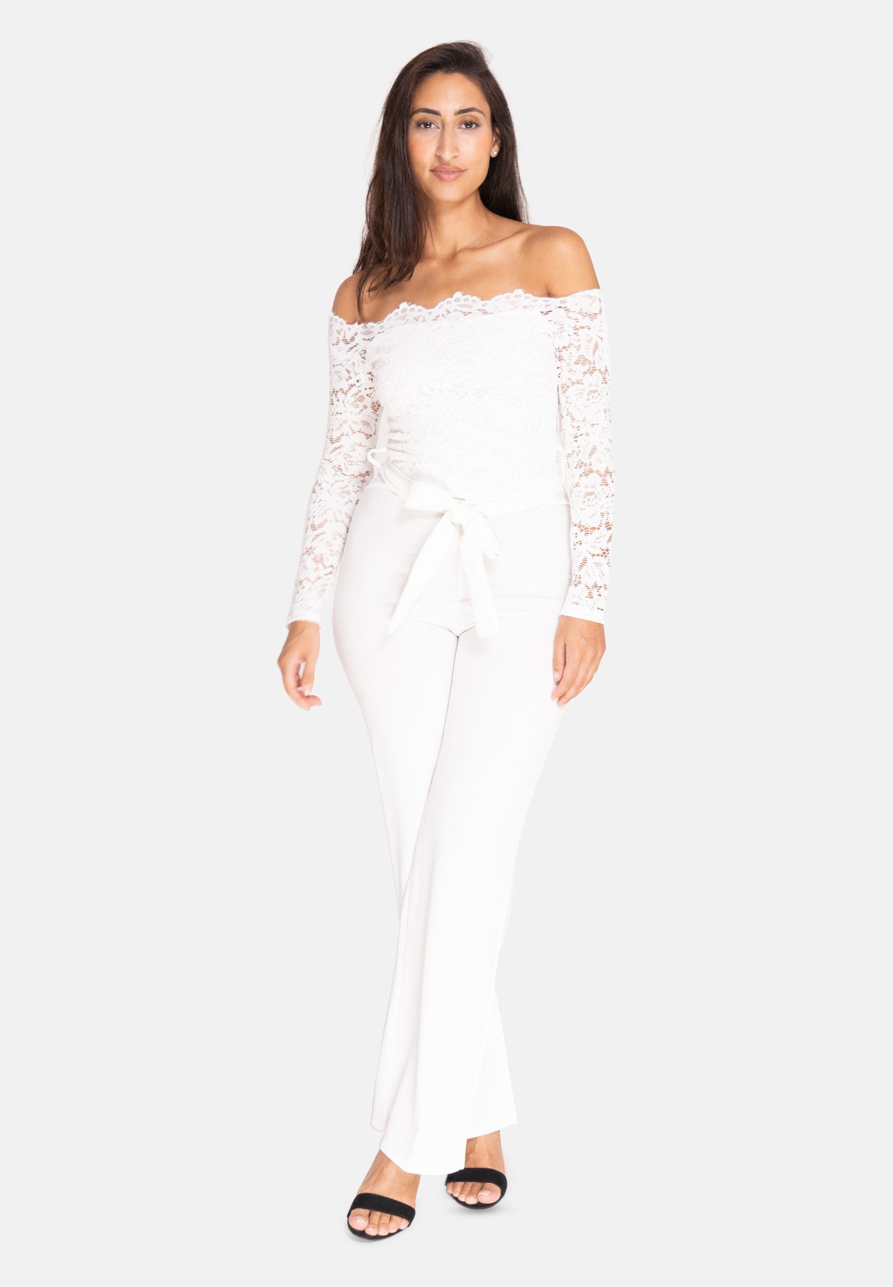 Elara Jumpsuit — Damen Jumpsuit mit Spitzenoberteil, Carmen-Ausschnitt & Bindegürtel