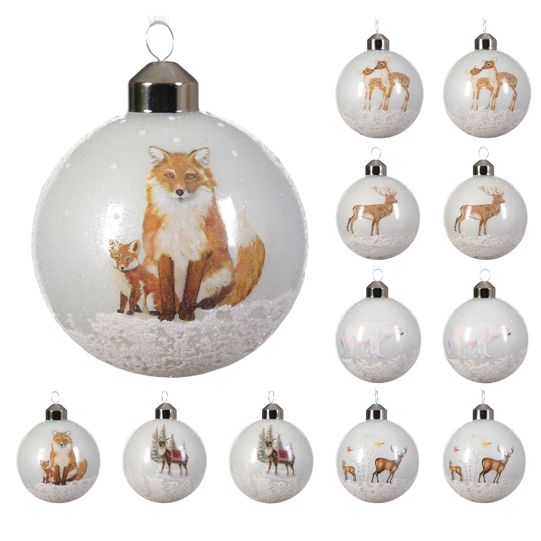 Kaemingk Weihnachtsbaumkugel, Weihnachtskugeln Glas 8cm mit Tier Motiv 12er Set Weiß