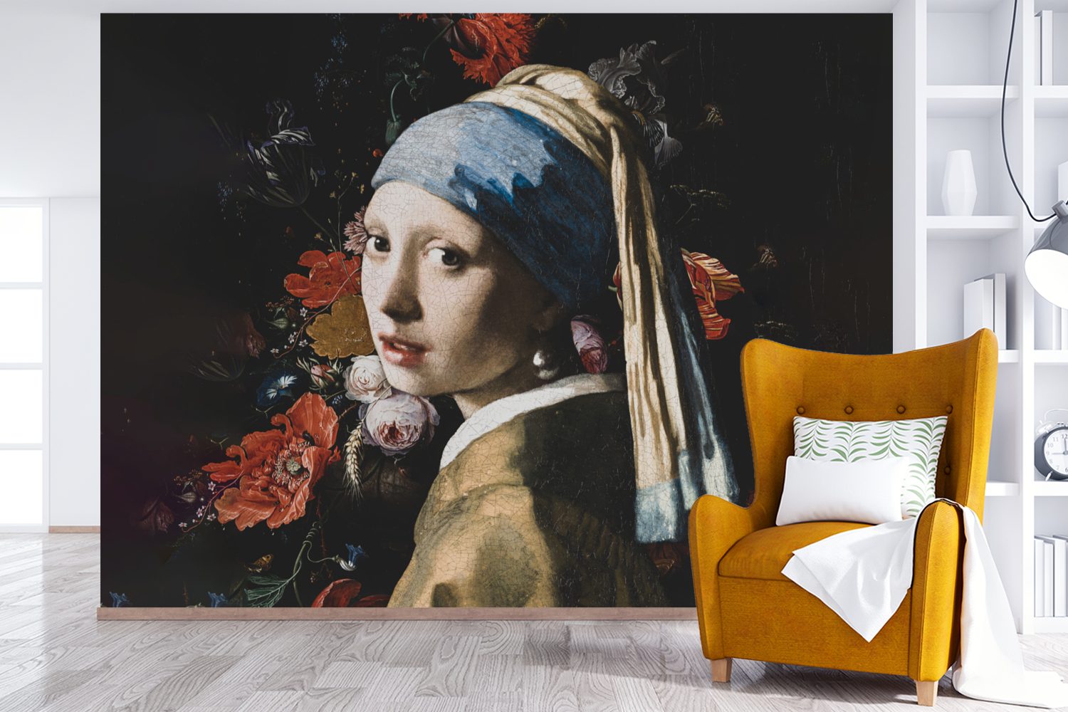 MuchoWow Fototapete - Mädchen Schlafzimmer, Wohnzimmer, Vinyl mit - Vermeer für dem bedruckt, Das Kinderzimmer, Perlenohrring Tapete St), Wallpaper (6 Blumen, Matt