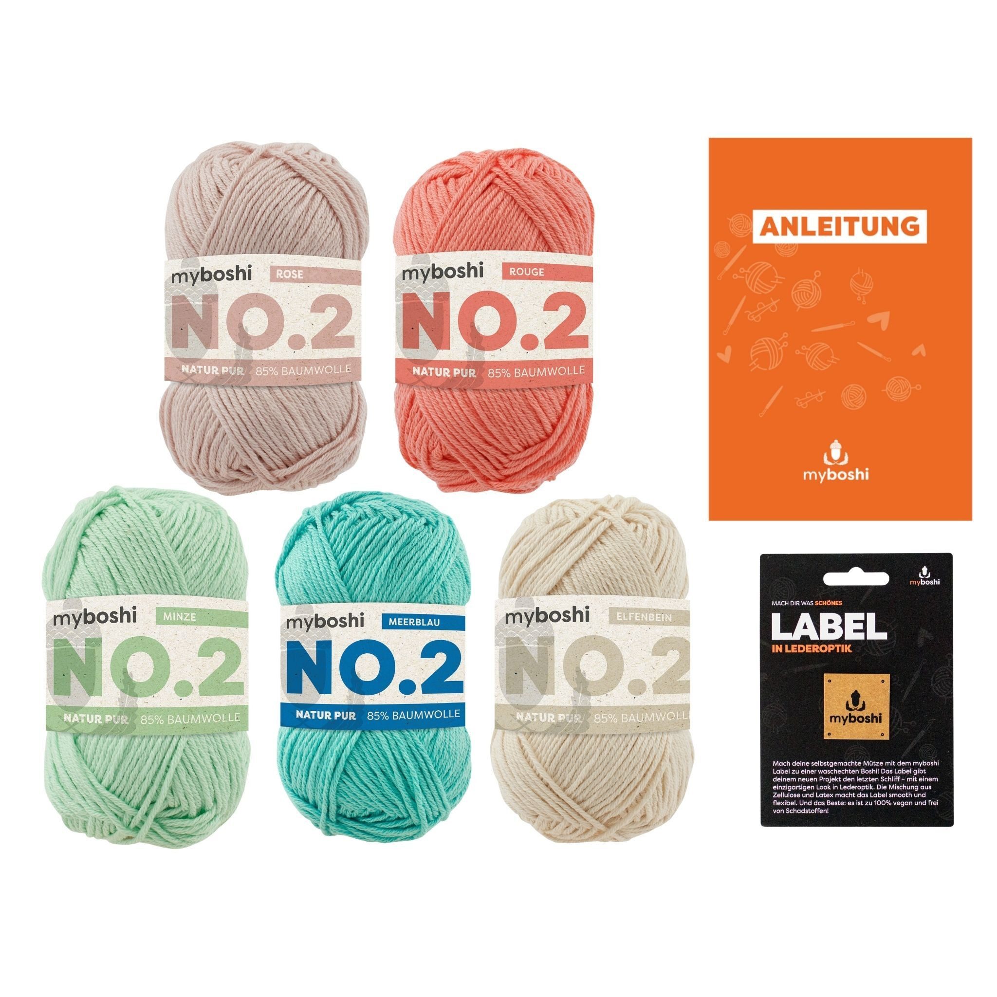 myboshi Baby Wollpaket, No.2 Wolle, Anleitung und Label Häkelwolle, (6-St., Baby Wollpaket Original No.2 Wolle Anleitung Label), Uni