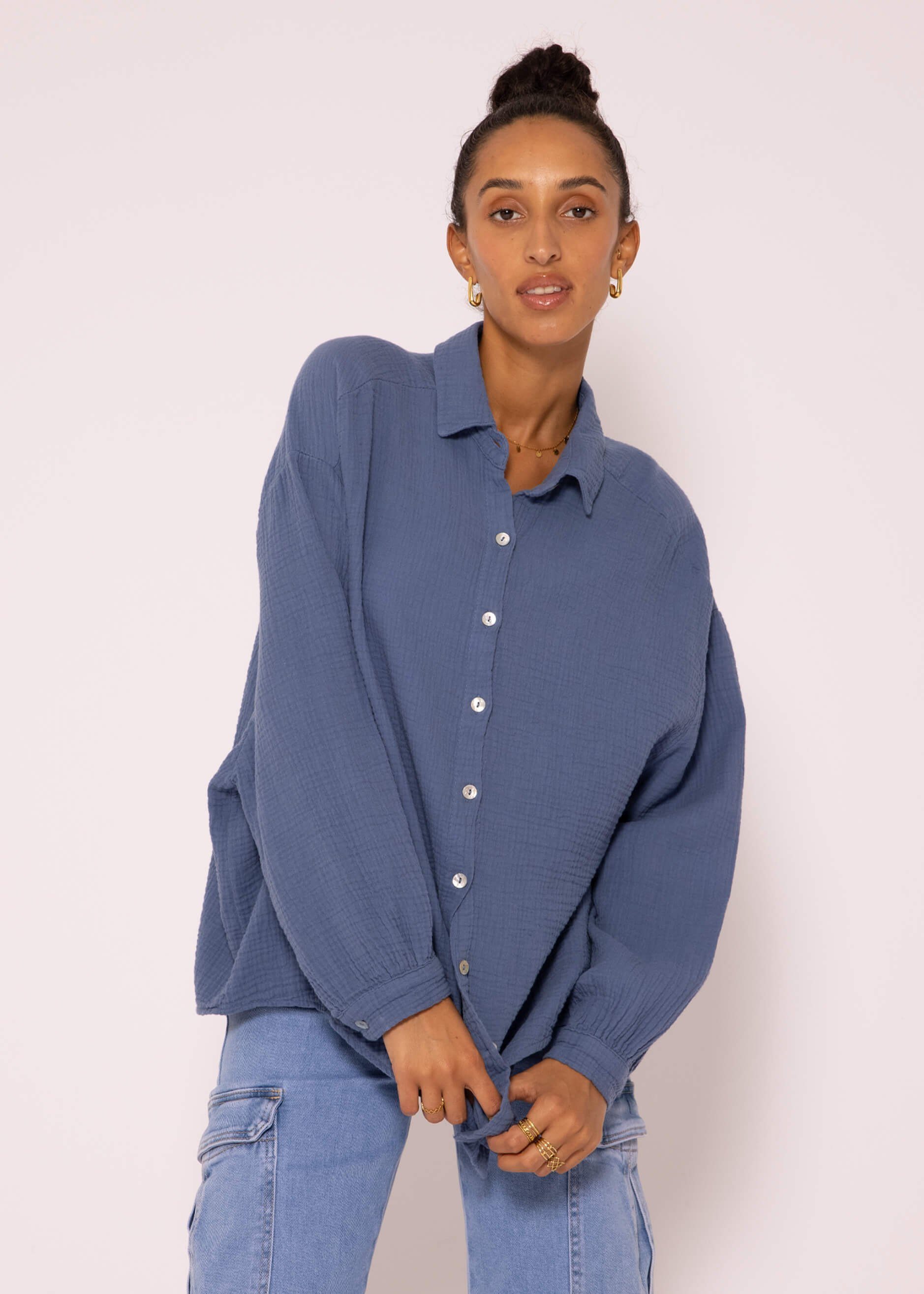 36-48) Jeansblau Longbluse Oversize Musselin V-Ausschnitt, Size aus Langarm Damen Hemdbluse Baumwolle (Gr. SASSYCLASSY mit One Bluse lang