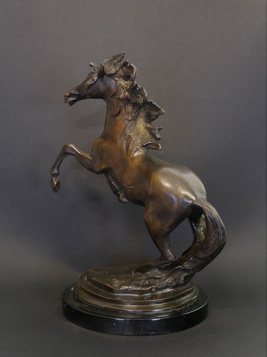 Bronze Marmorsockel Skulptur Hengst auf Tierfigur Figur Pferd AFG