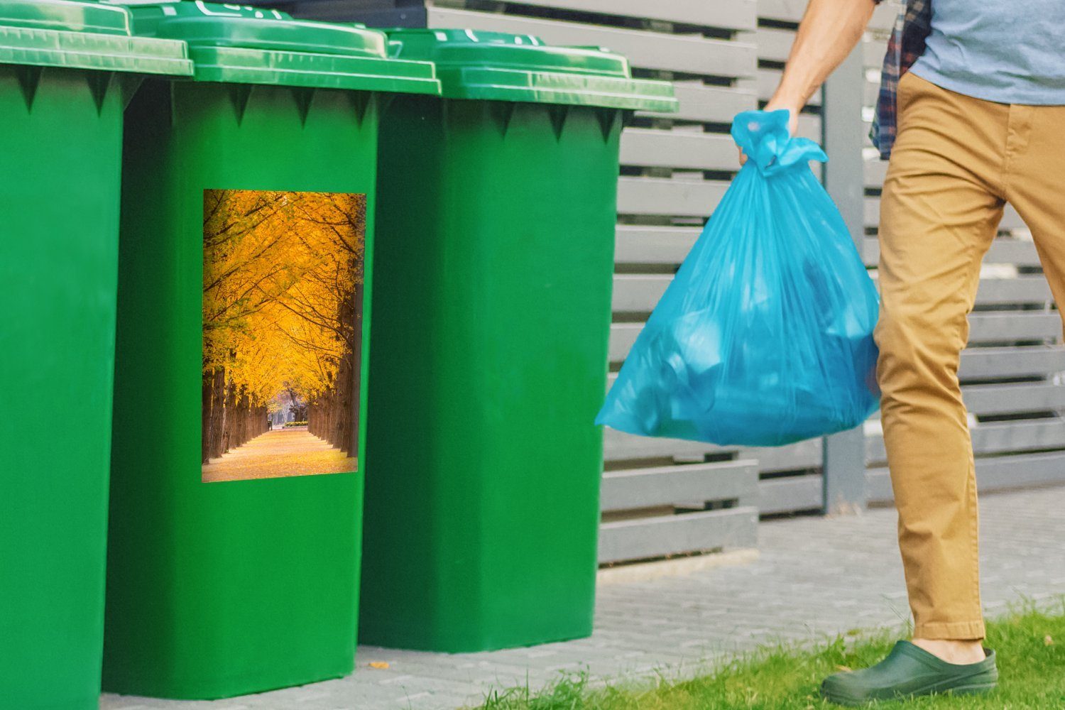 Mülltonne, St), Wandsticker Sticker, Südkorea Abfalbehälter MuchoWow in (1 Bäume Gelbe Mülleimer-aufkleber, Container,