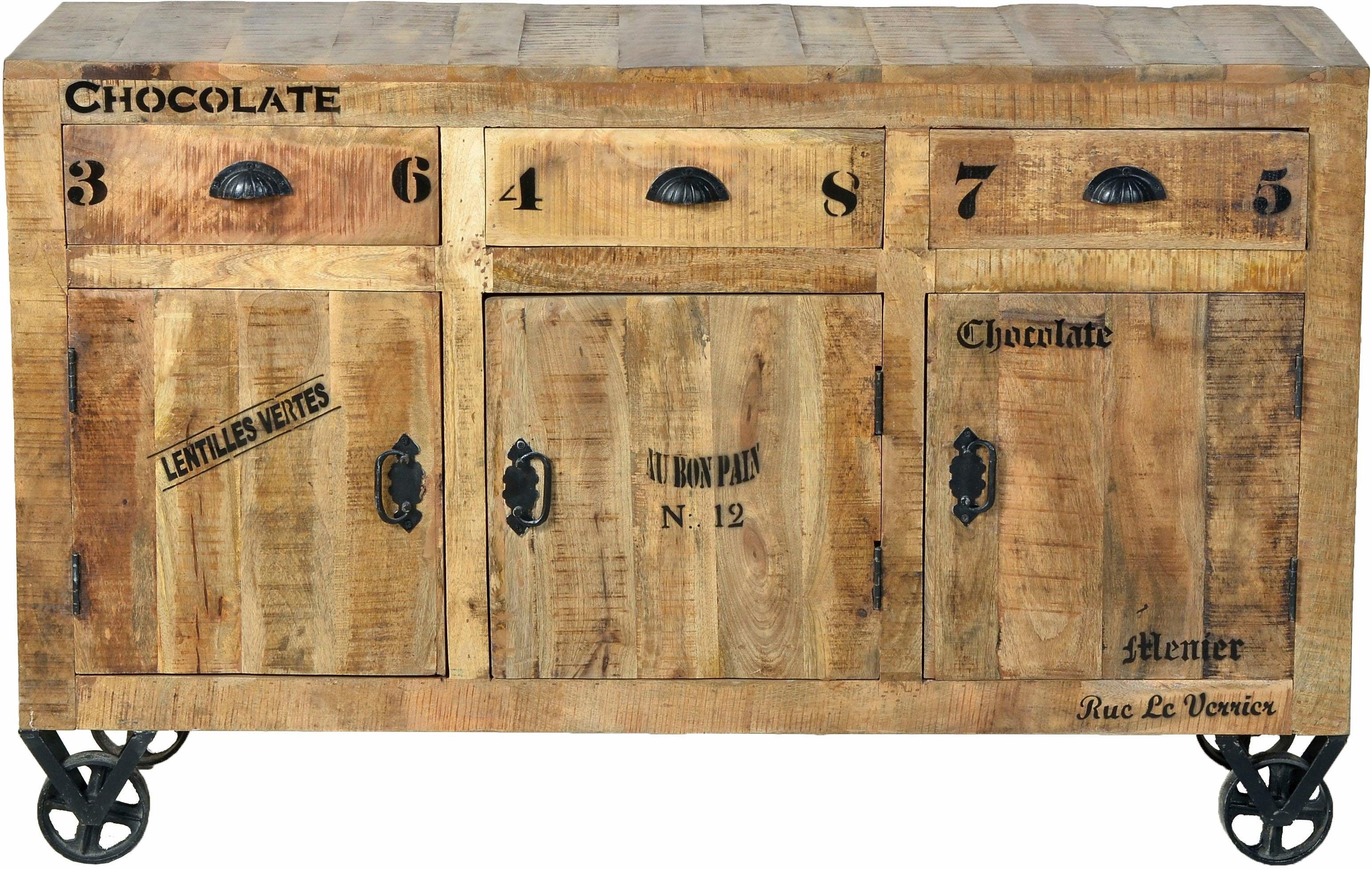 SIT Sideboard RUSTIC aus Mangoholz mit Türen & Schubladen, Mobil auf Metallrollen im authentischen Factory-Design
