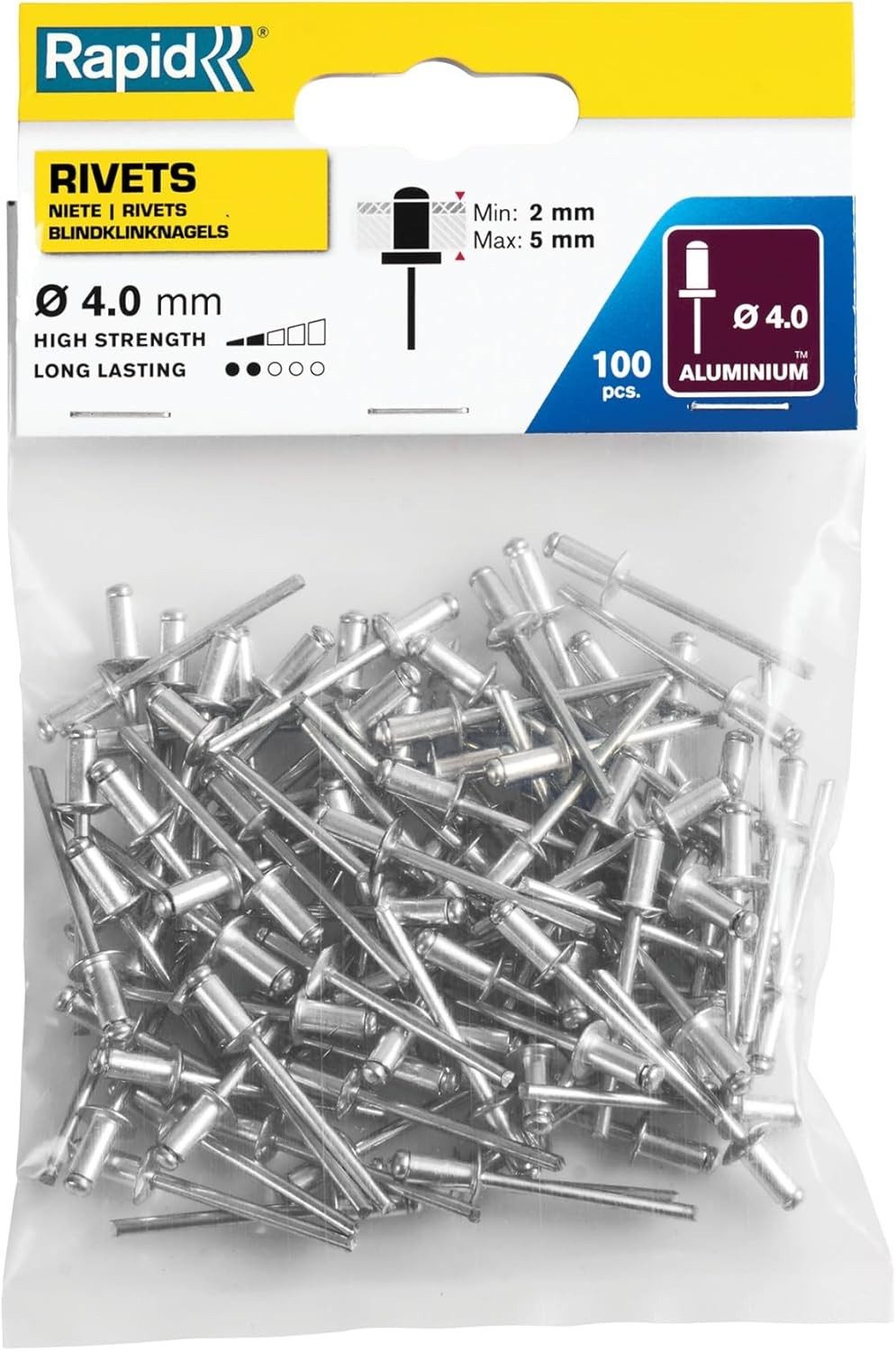 Rapid Niete Rapid Blindnieten Aluminium 4 mm 2 bis 5 mm 100 Stück, Standard Ø 4mm 5mm Klemmbereich Stk Nieten