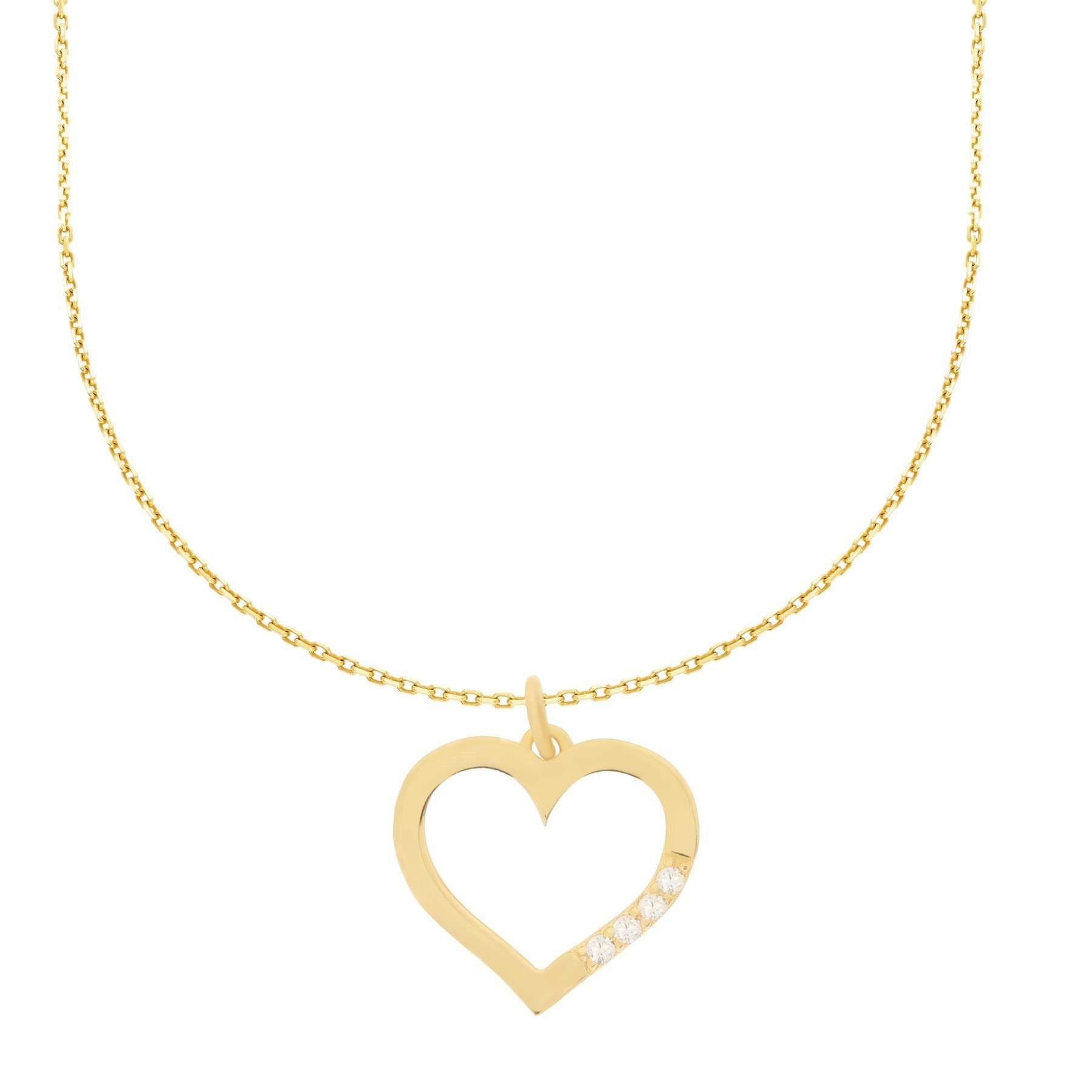 Collier 585er Gold Collierkette mit Herz Anhänger Zirkonia