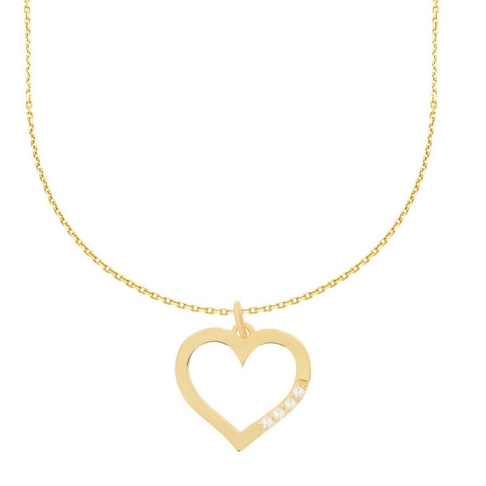 Stella-Jewellery Collier 585er Gold Collierkette mit Herz Anhänger Zirkonia  (inkl. Etui), 585 Gelbgold 7 Plättchen
