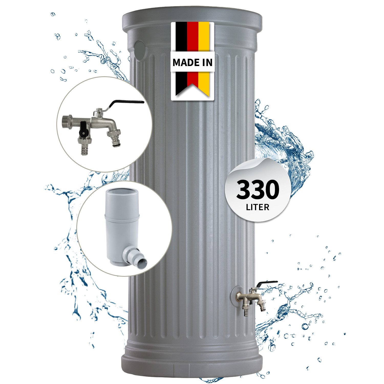 GARANTIA Regentonne Säulentank Komplett-Set 330 L, steingrau, 330 l