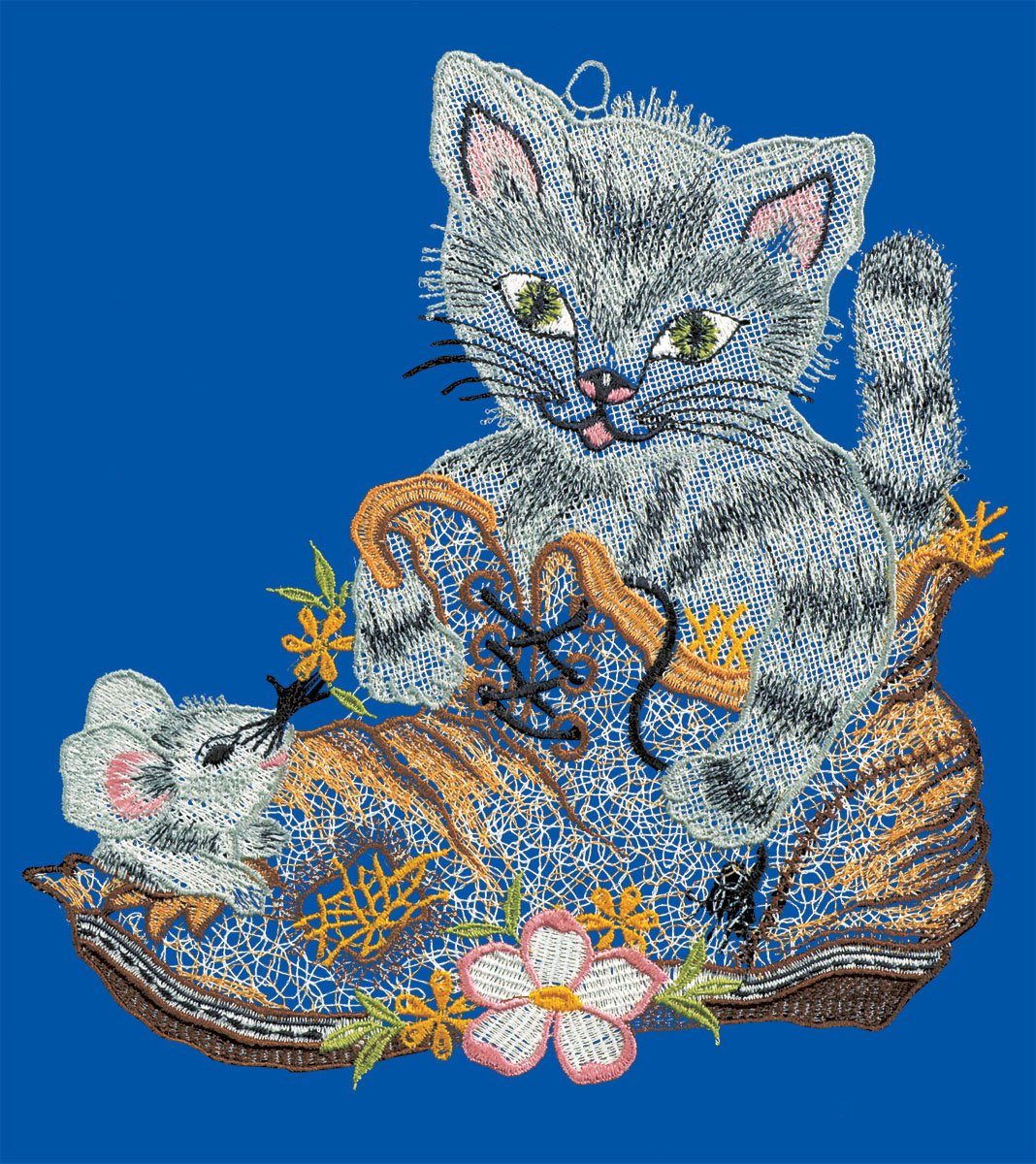 W. Reuter & Sohn - Plauener Spitze® Fensterbild Fensterbild "Katze im Schuh" farbig
