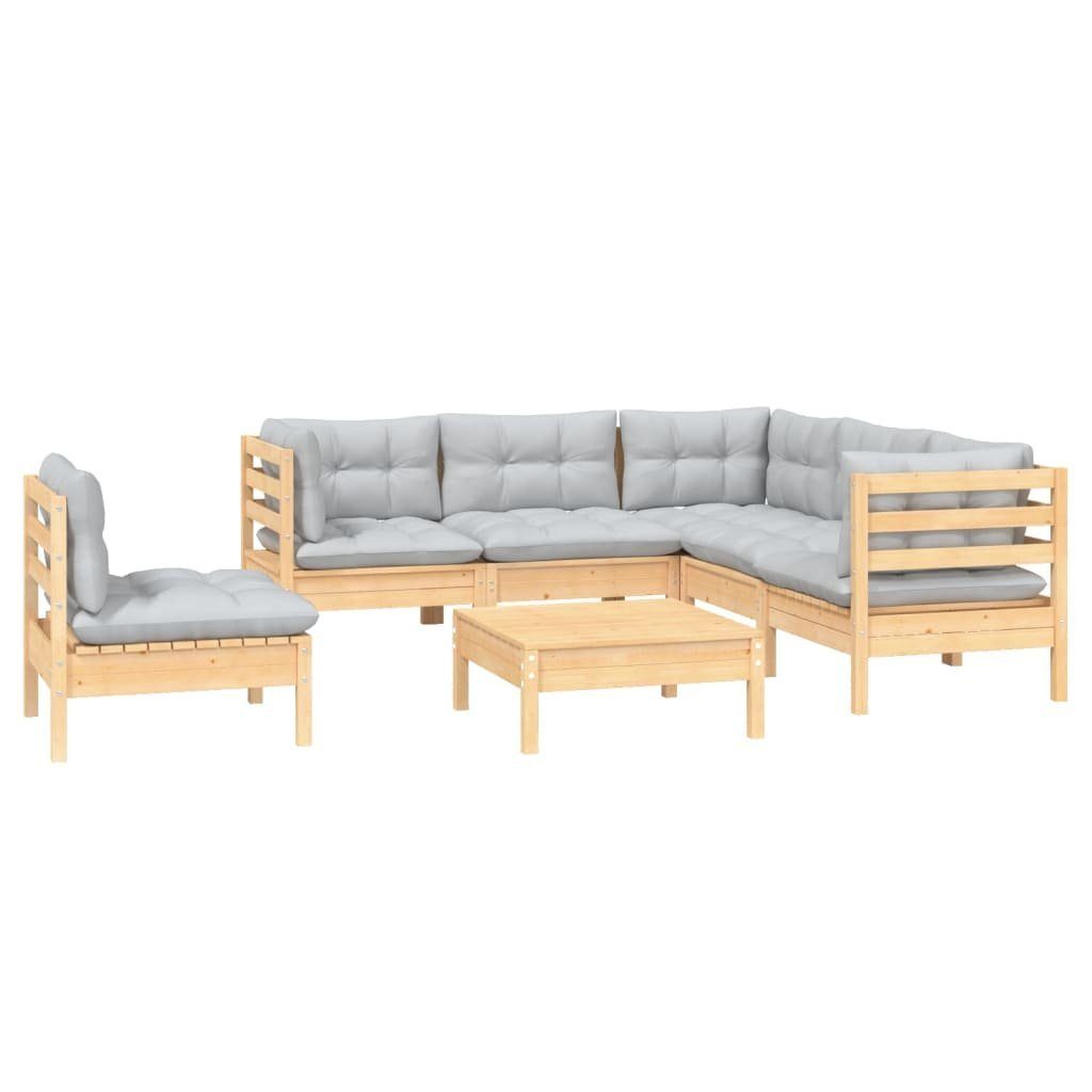 vidaXL Gartenlounge-Set 6-tlg. Garten-Lounge-Set mit Grauen Kissen Kiefernholz, (6-tlg)