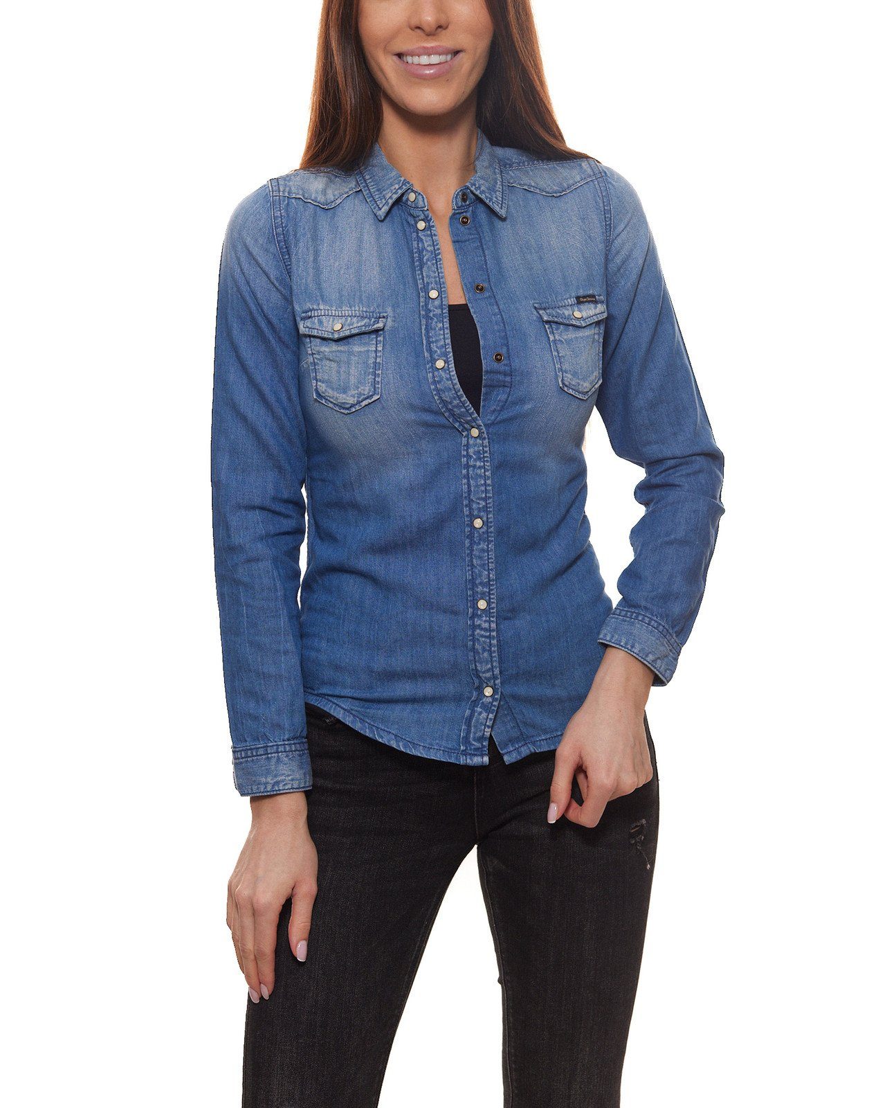 Pepe Jeans Hemdbluse »Pepe Jeans Rosetta Hemd-Bluse schönes Damen Jeans-Hemd  Freizeit-Bluse mit Brusttaschen Slim Fit Blau« online kaufen | OTTO