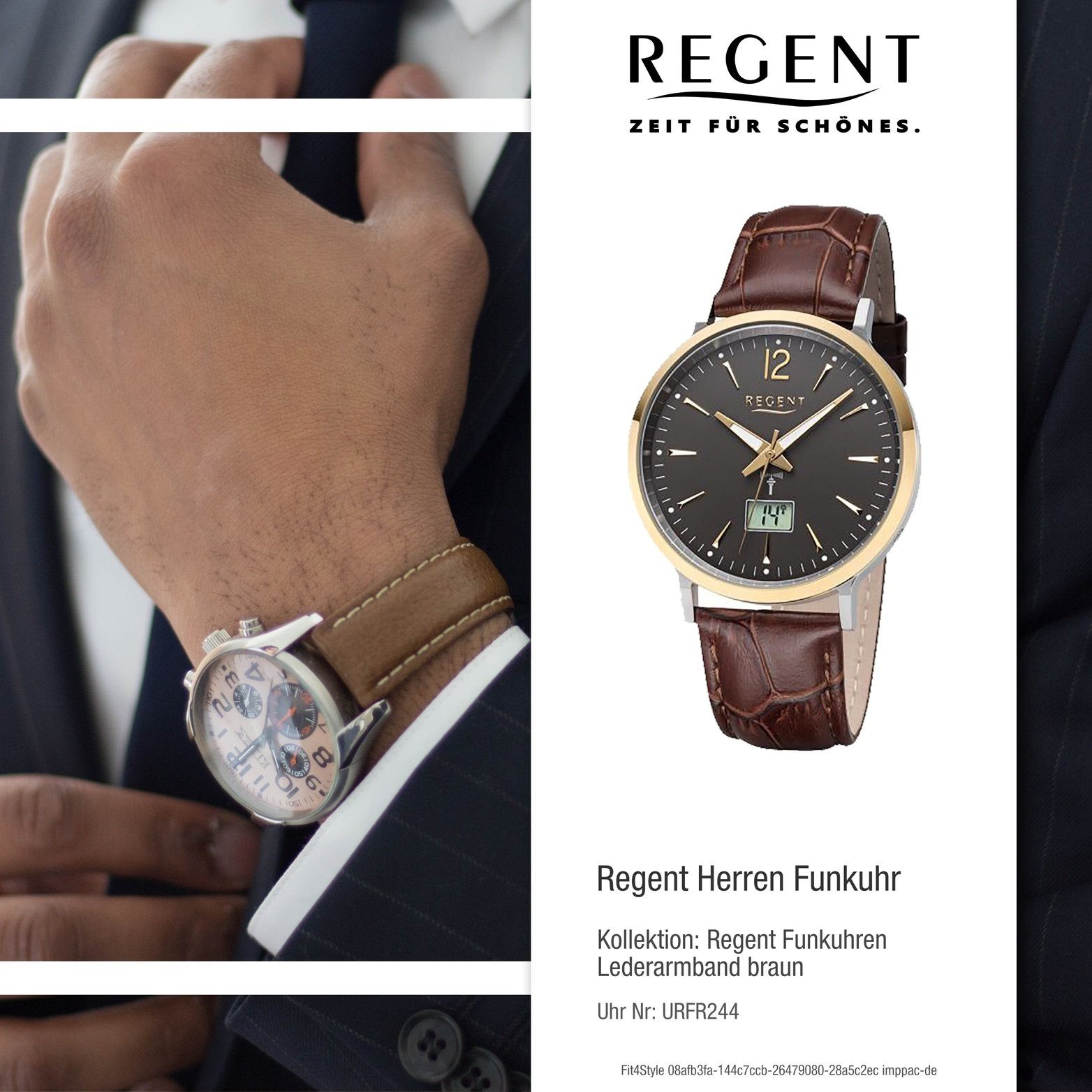 Regent Funkuhr Gehäuse Regent 40mm), FR-244, rundes Herren (ca. Uhr Leder Elegant-Style Herrenuhr mit Lederarmband