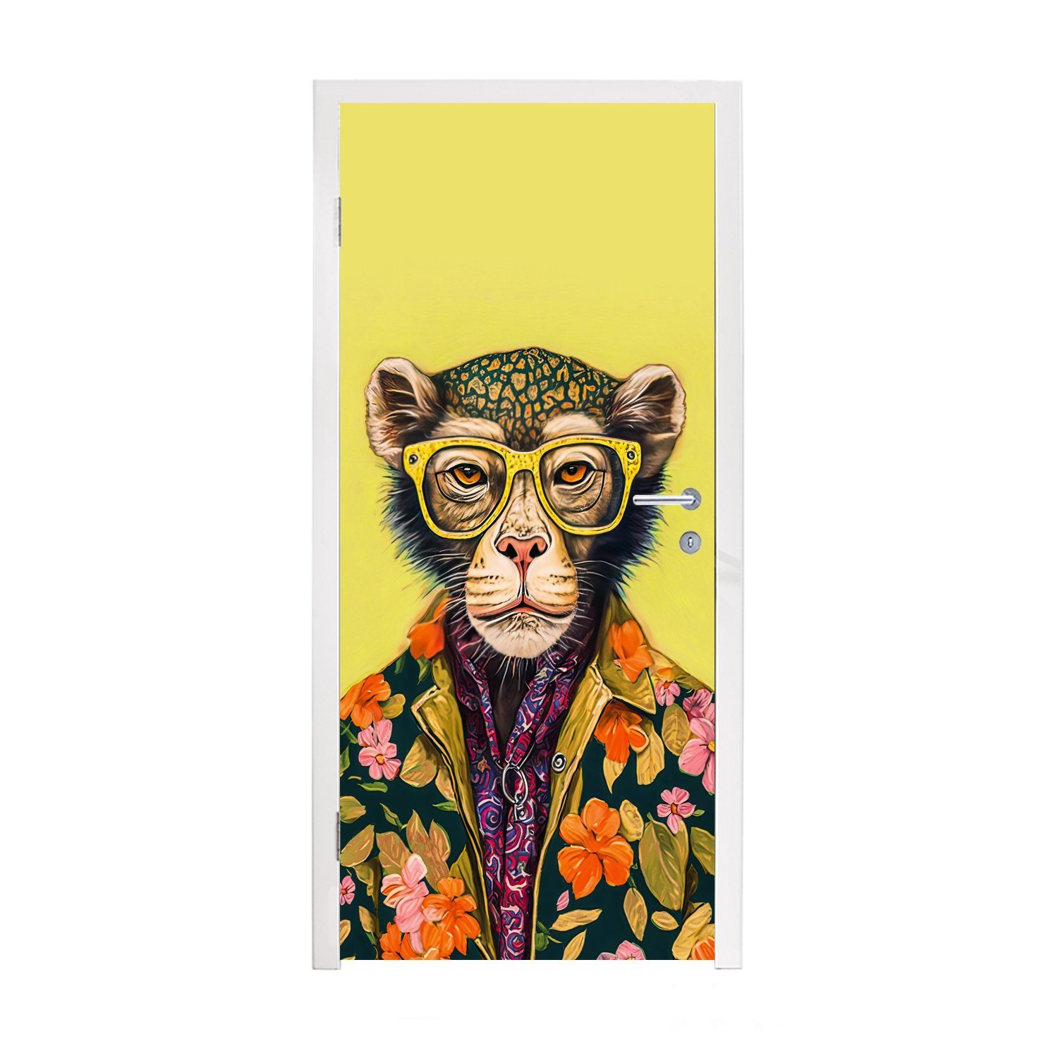 MuchoWow Türtapete Affe - Tiere - Brillen - Design - Blumen, Matt, bedruckt, (1 St), Fototapete für Tür, Türaufkleber, 75x205 cm
