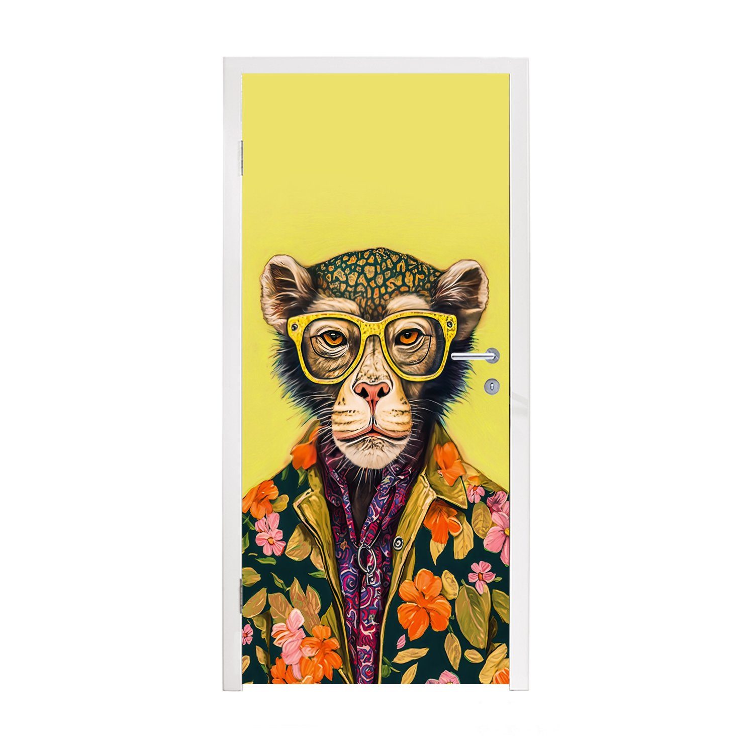 MuchoWow Türtapete Affe - Tiere - Brillen - Design - Blumen, Matt, bedruckt, (1 St), Selbstklebende Tapete, Folie für Möbel, 75x205 cm