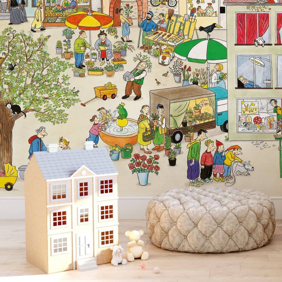 Wimmelbuch Verlag Fototapete XXL Kinderzimmer Wimmel Kirmes Jahrmarkt Markt im Frühling, Marktplatz Vliestapete