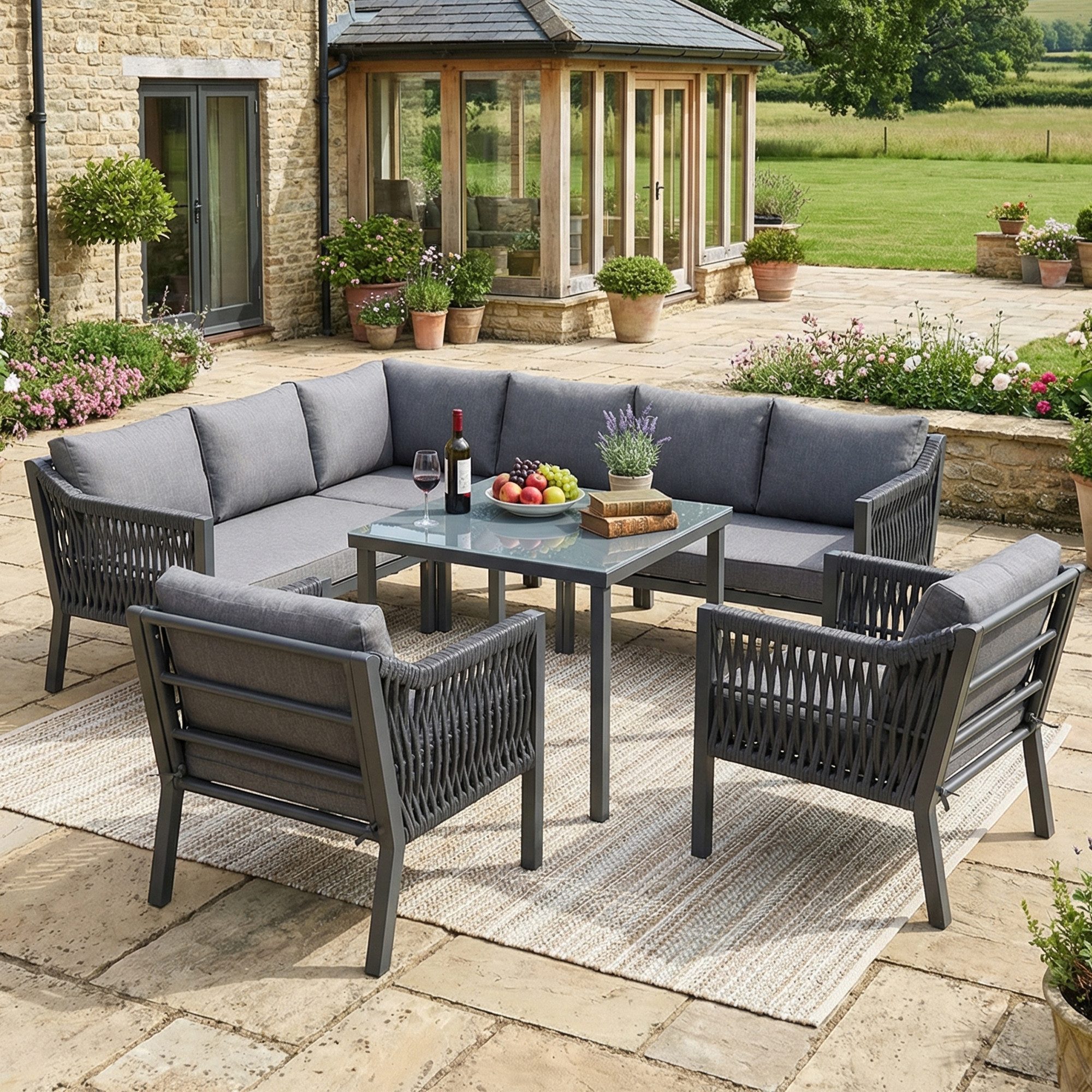 MC Star Gartenlounge-Set Garten-Essgruppe,Gartenmöbel-Set,8 Personen, Eckstellung, (Verzinktes Eisen, Glastischplatte, Handgewebtes Seil-Set, bestehend aus einem Esstisch, zwei Sesseln und einem Ecksofa, Grau)
