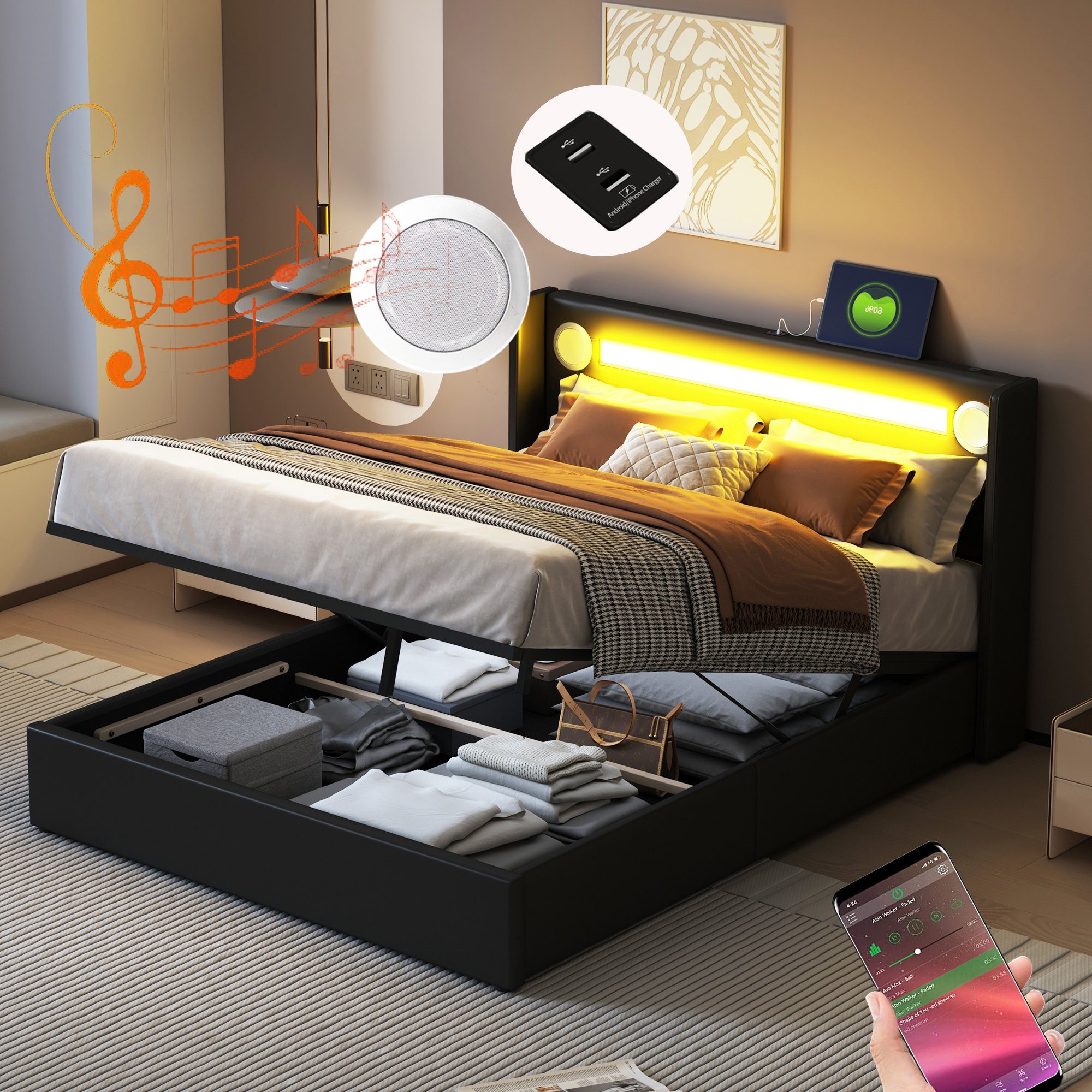 Polsterbett (Stauraumbett, Einzelbett), mit LED Beleuchtung/Bluetooth/USB-Aufladen, Kunstleder, 90x200cm
