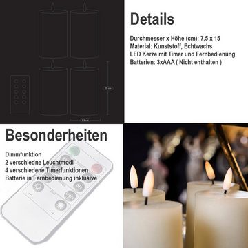 Werner Voß LED-Kerze 4er Set LED-Stumpenkerzen 3D "Flame", Ø 7,5 x H 15 cm, lila