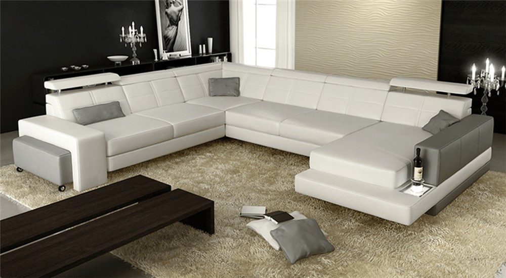JVmoebel Wohnlandschaft Ecksofa aus weißem Leder mit Ottomane und Edelstahlfüßen, Made in Europa