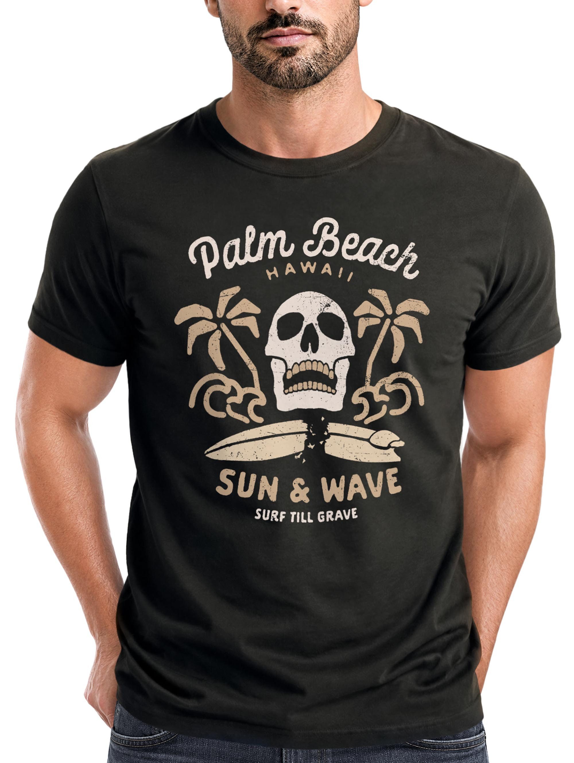 Print-Shirt Herren T-Shirt Surf-Motiv Totenkopf Palm Beach Neverless®