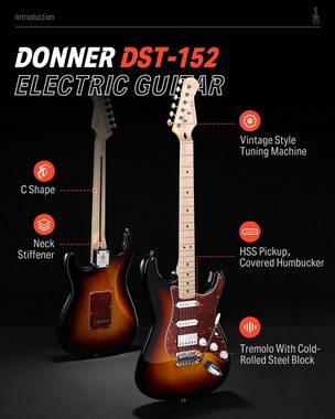 Donner E-Gitarre E-Gitarre 39 Zoll mit Kits für erwachsene Anfänger DST-152, Festkörper, Satz, Verstärker, Tasche, Zubehör, ST-Stil, HSS-Tonabnehmerspule geteilt