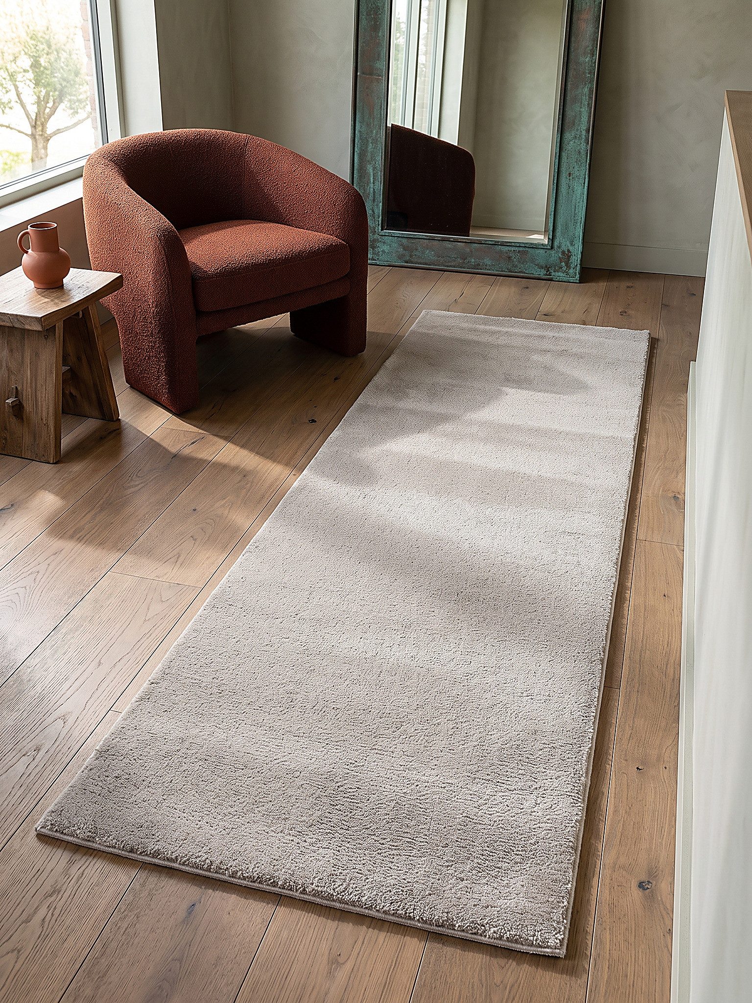 KADIMA DESIGN Teppich ALDAN Hochflorteppich Sand 60x110 Uni Polyester Antirutsch, Läufer, Höhe: 18 mm, Fußbodenheizung geeignet, …