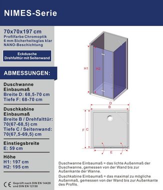 AQUABATOS Eckdusche Duschkabine Eckeinstieg mit Falttür Drehfalttür Seitenwand, BxT: 70x70 cm, 6 mm Einscheibensicherheitsglas, mit variablem Verstellbereich,barrierefrei,Klarglas,Nano Beschichtung