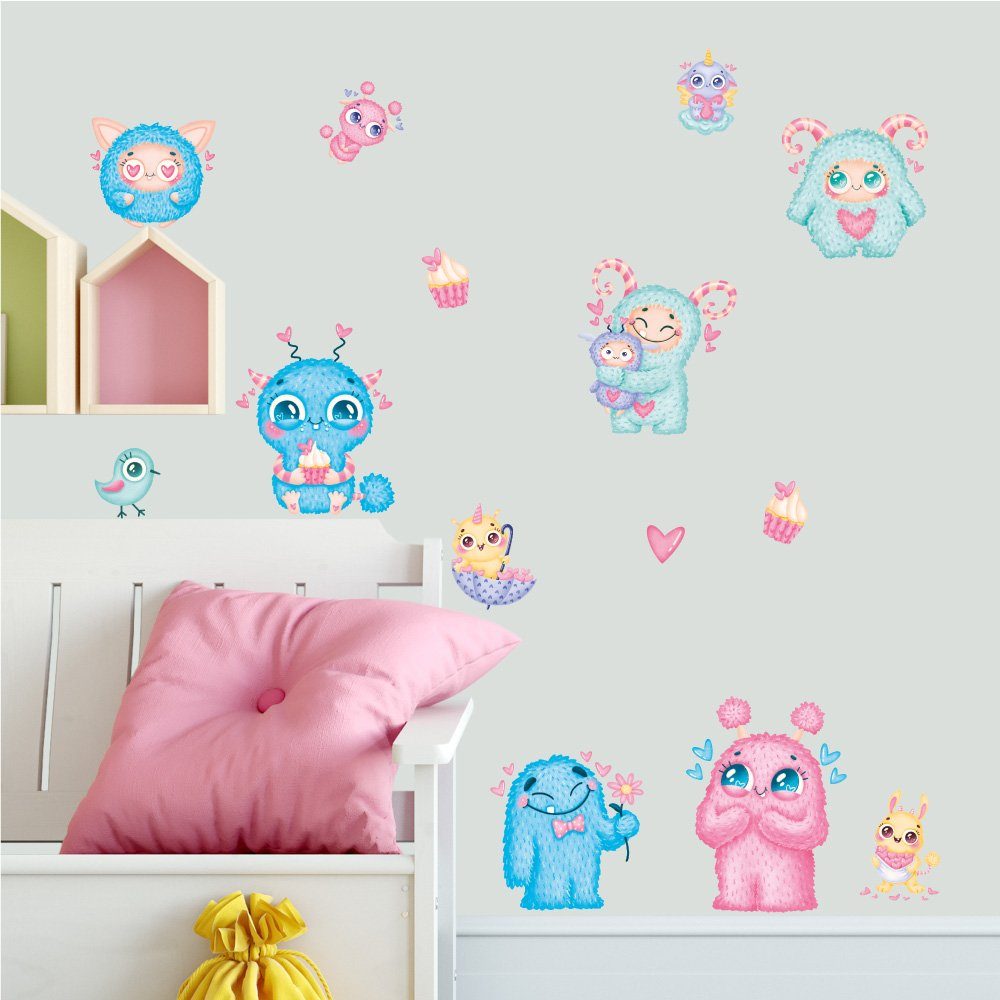 Sunnywall Wandtattoo Cute Monster - Wandtattoo Kinderzimmer Baby Wandaufkleber (6 St), konturgeschnitten