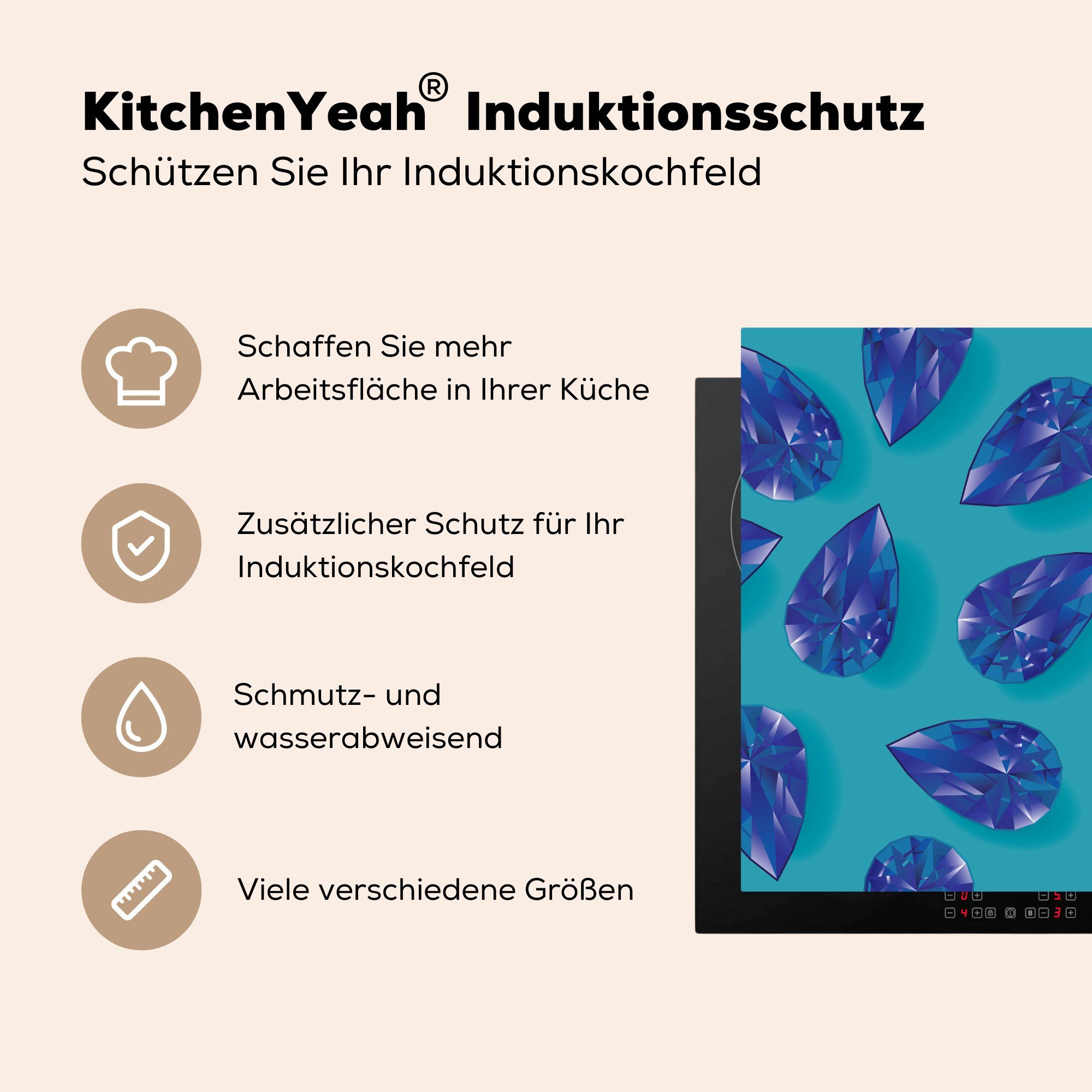 MuchoWow Herdblende-/Abdeckplatte Eine küche für Illustration Edelsteinen, cm, dunkelblauen Ceranfeldabdeckung, (1 Arbeitsplatte von 78x78 Vinyl, tlg)